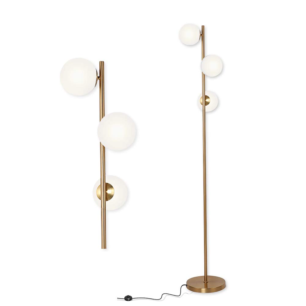 Modern 3-Globe LED Floor Lamp - Brushed Brass Standing Light for Living Room, Bedroom & Office | Bright Adjustable Lighting for Reading, Working & Relaxing