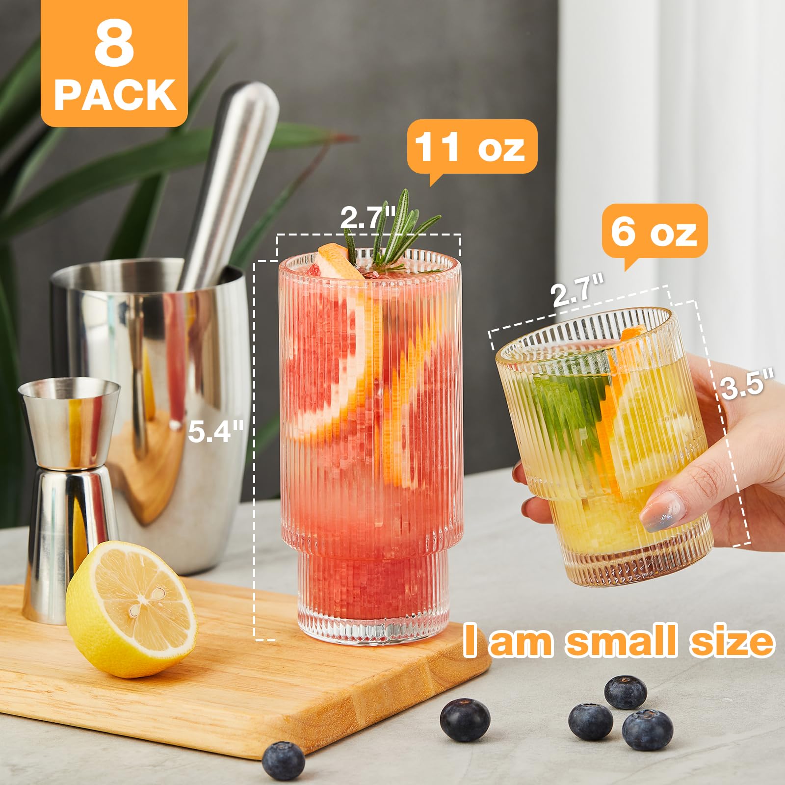 8-Pack Vintage Ribbed Glassware Set - 4 Highball Glasses (11oz) & 4 Rocks Glasses (6oz) - Elegant Drinking Cups for Cocktails, Whiskey, Juice & Iced Coffee - Perfect for Home Bars, Dinner Parties & Everyday Use