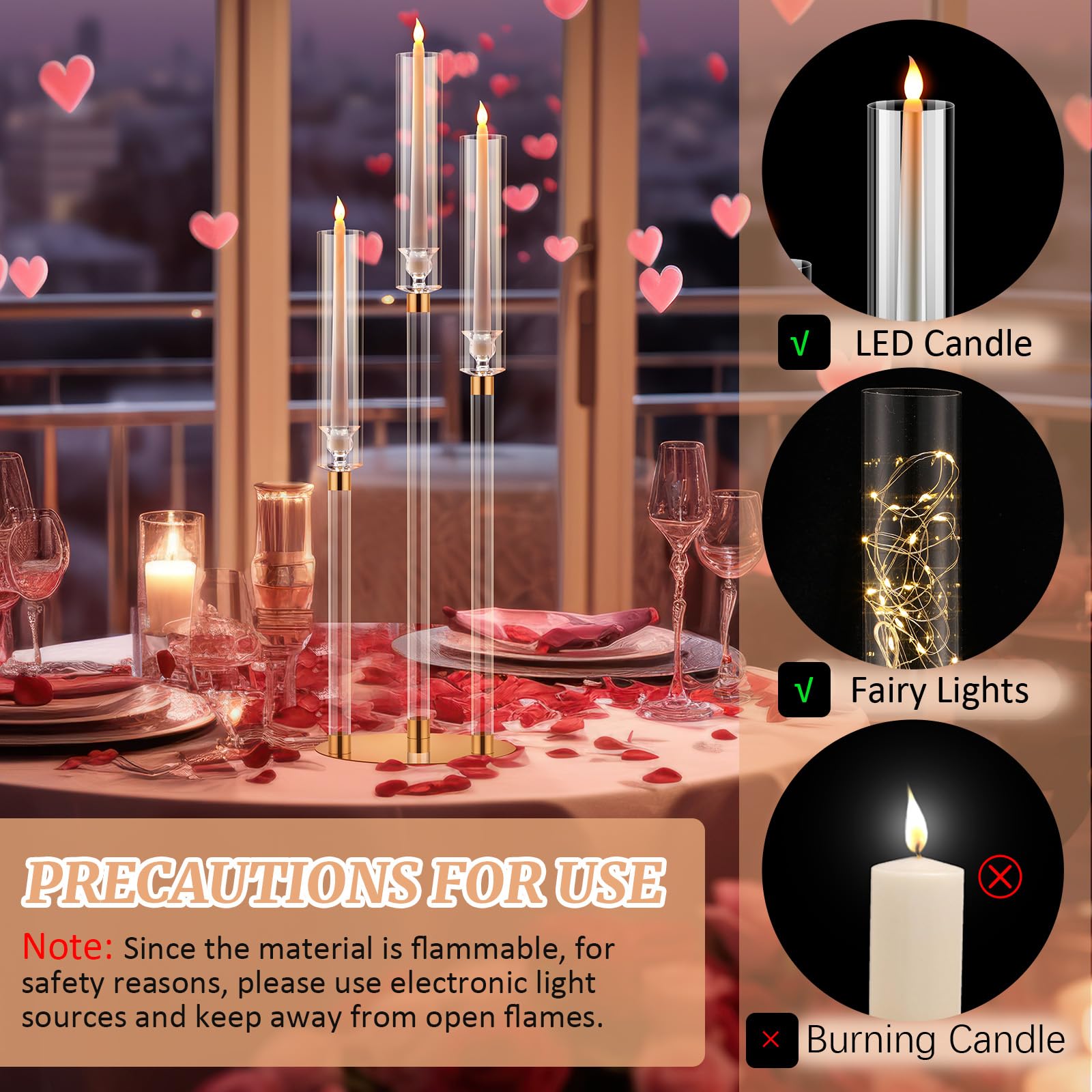 Layhit 6-Pack 30.5'' Tall Clear Acrylic Candelabra Centerpieces - Gold 3-Arm Crystal Candle Holders with Clear Lampshade for Wedding, Party & Home Decor - Fits 0.8