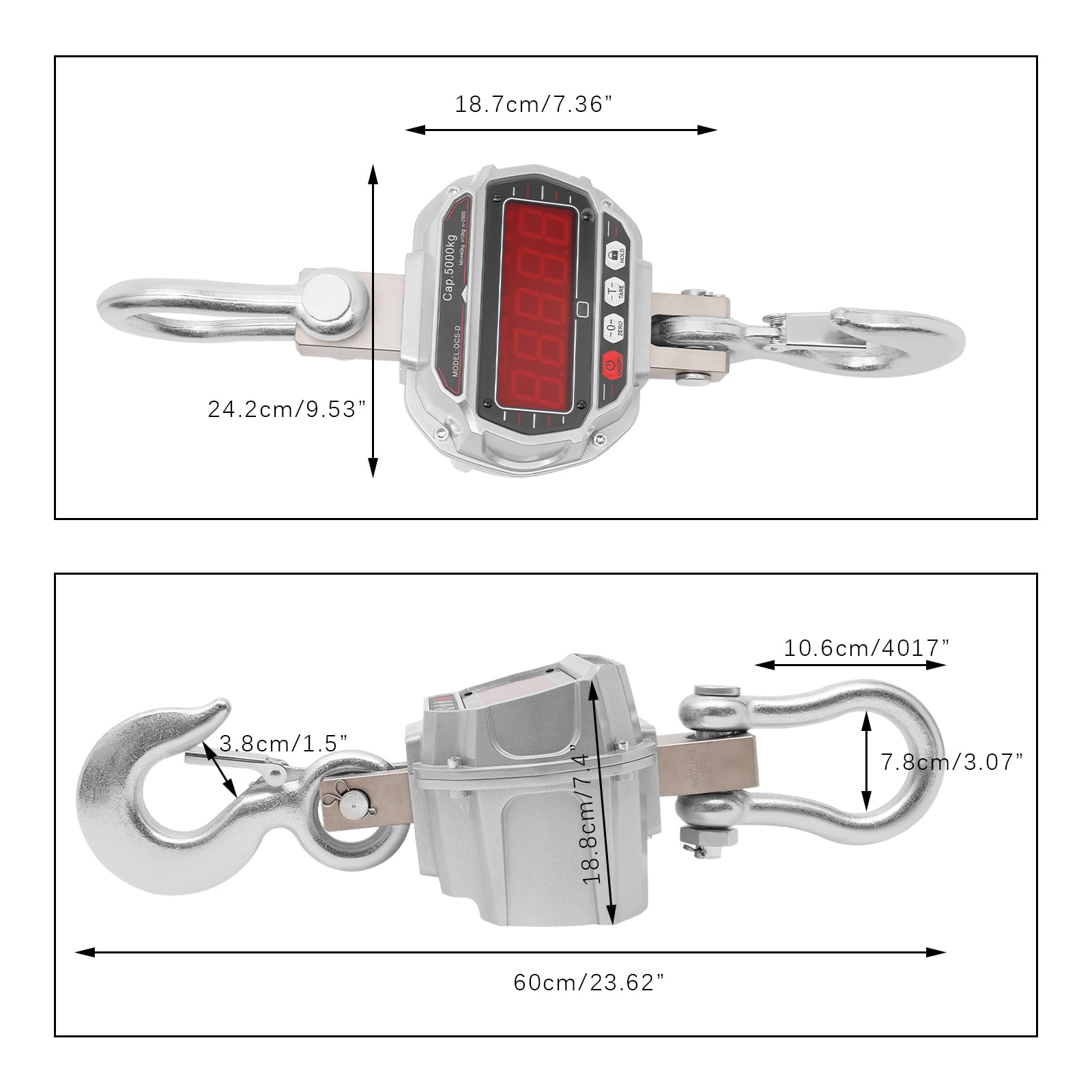 5000kg/11023lbs Digital Crane Scale with Remote Control - Heavy Duty Industrial Hanging Scale with Snap-on Hook for Factory & Construction (9.53x7.4x23.62in, Silver Grey) - Perfect for Lifting, Weighing & Material Handling in Warehouses, Shipyards & Manufacturing Plants