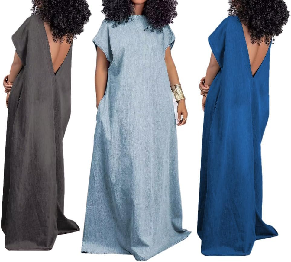 KELYWELL Women's V-Back Loose Maxi Long Denim Dress with Batwing Short Sleeves - 2024 High Street Fashion Jean Dress for Casual Outings, Beach Wear & Summer Style