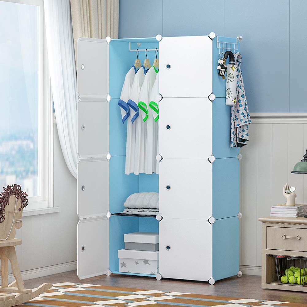 GEORGE&DANIS 2x4 Tier Portable Wardrobe Closet Organizer - 28x14x56 Inches Storage Cube Shelf for Bedroom, Closet, Pantry & Office - Space Saving Blue Cabinet Dresser Armoire