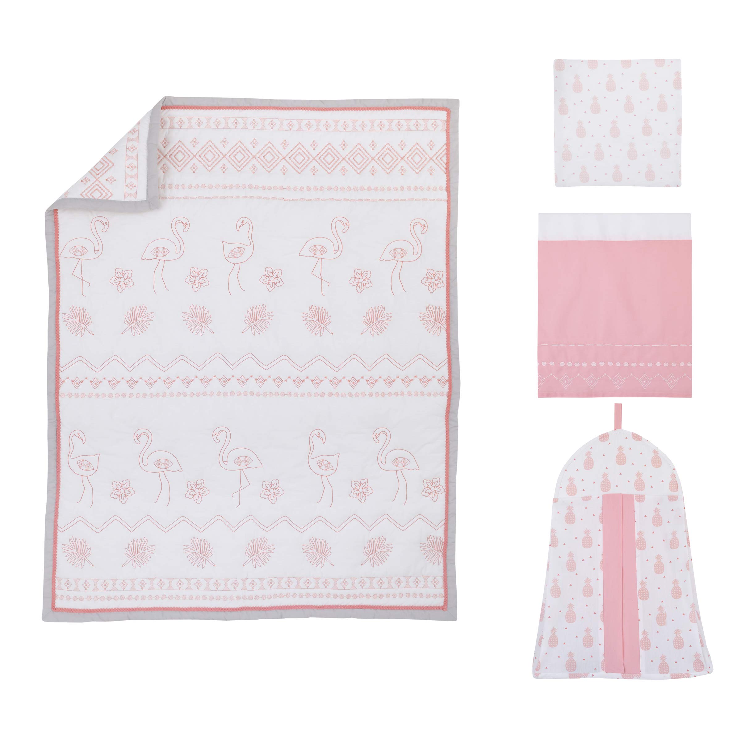 Nojo Tropical Flamingo Pink & White 100% Cotton 4-Piece Nursery Crib Bedding Set - Embroidered Quilt, Fitted Sheet, Dust Ruffle & Diaper Stacker - Soft Baby Crib Set for Girls & Boys - Perfect for Nursery Decor, Baby Shower Gift & Newborn Essentials