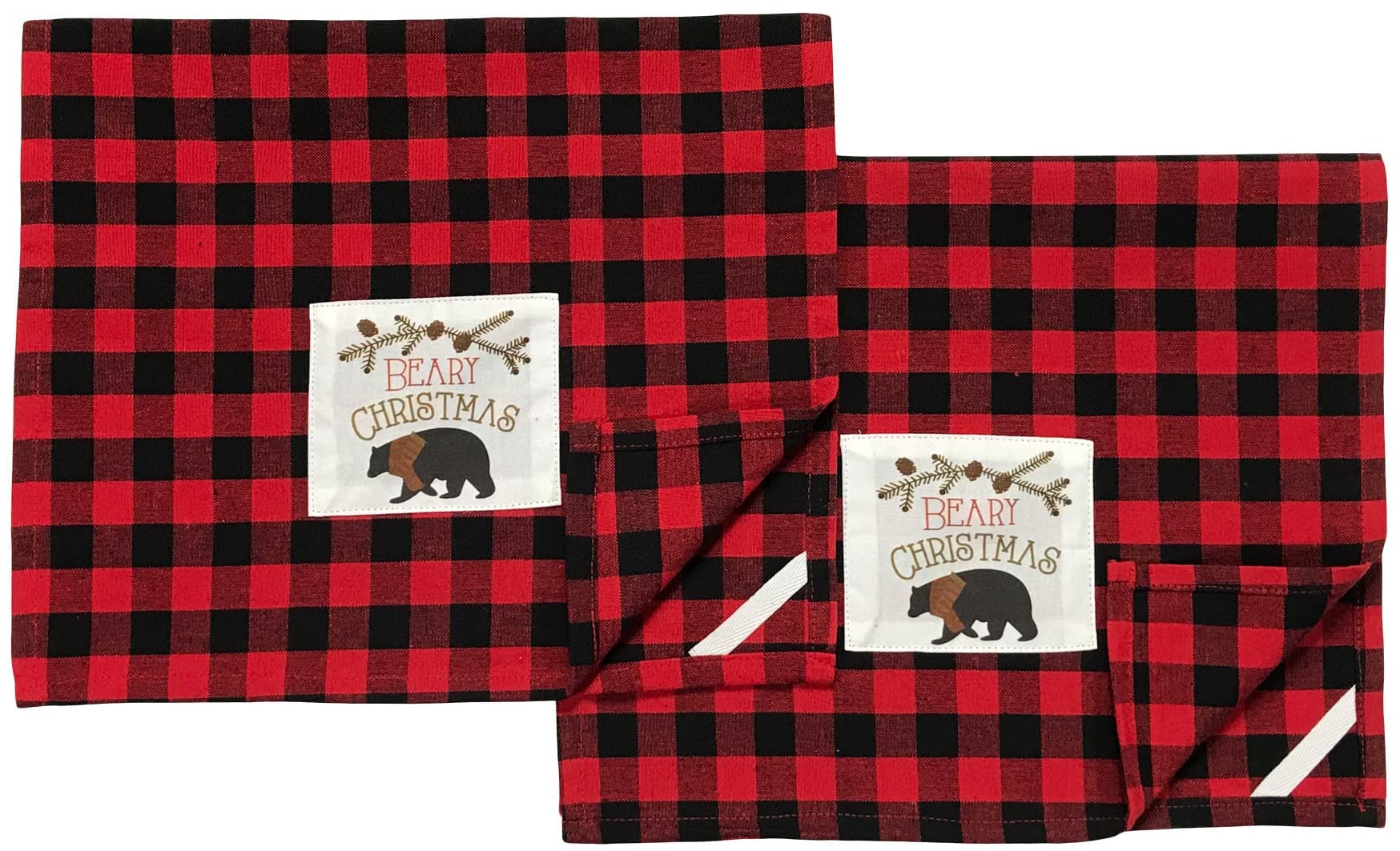 Winter Bear Christmas Kitchen Towel and Pot Holder Set - Red Black Check Plaid with Beary Christmas Patch | Holiday Kitchen Decor & Gift for Home Cooks