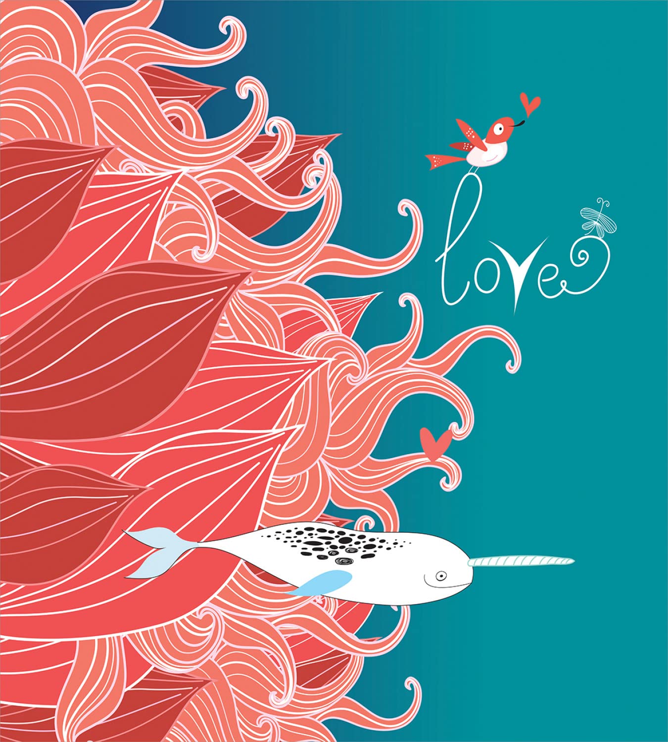 Ambesonne Narwhal Duvet Cover Set - King Size 2-Pack, Teal Coral White - Arctic Whale & Floral Sketch Design - Includes 2 Duvet Covers & 4 Pillowcases - Perfect for Master Bedroom, Guest Room & Coastal Themed Decor