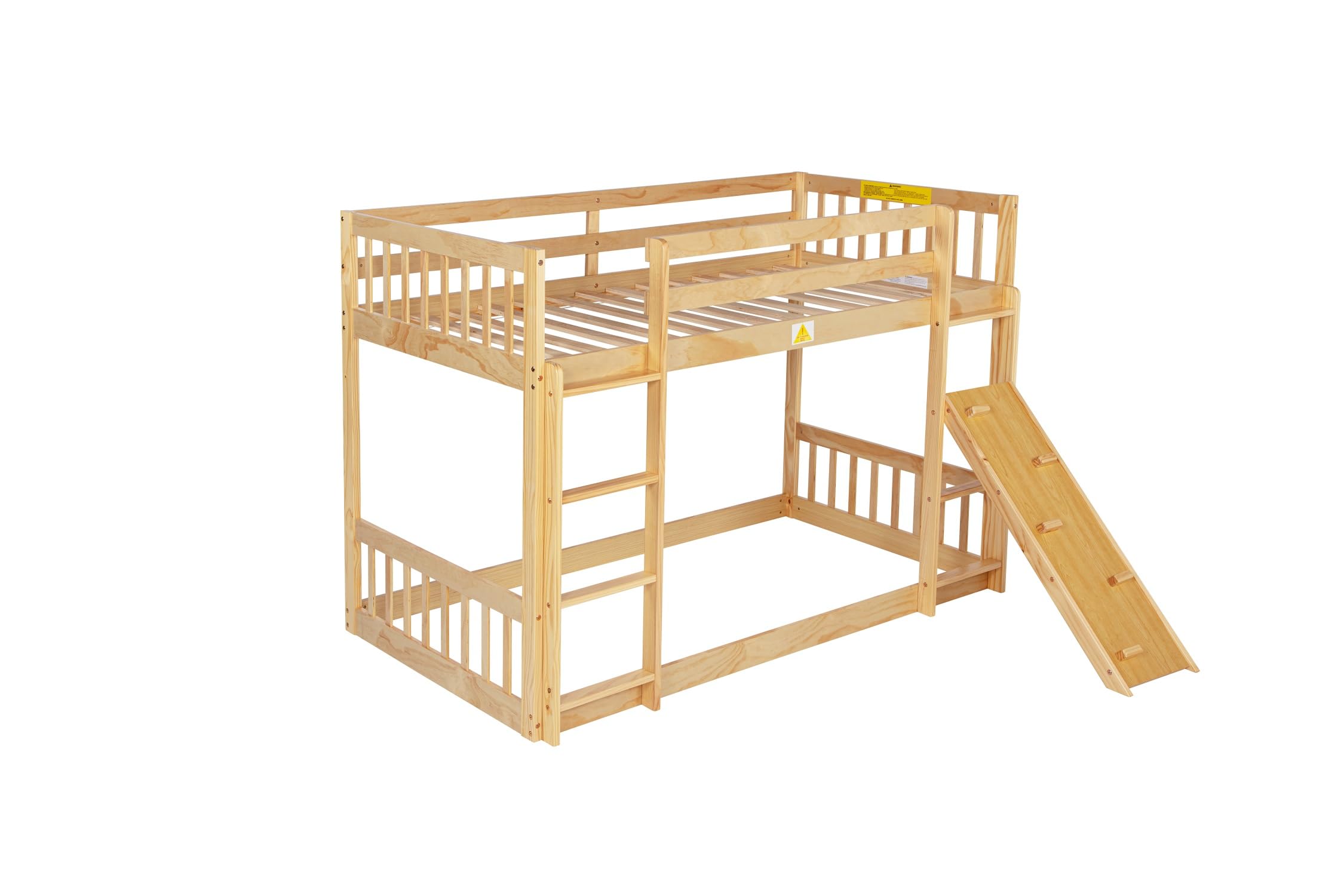 Harper & Bright Designs Twin Over Twin Bunk Bed with Climbing Ramp & Ladder - Safe Playhouse Floor Bunk Bed for Kids with Sturdy Guardrails - Natural Wood Finish - Perfect for Small Bedrooms, Shared Kids' Rooms & Sleepovers