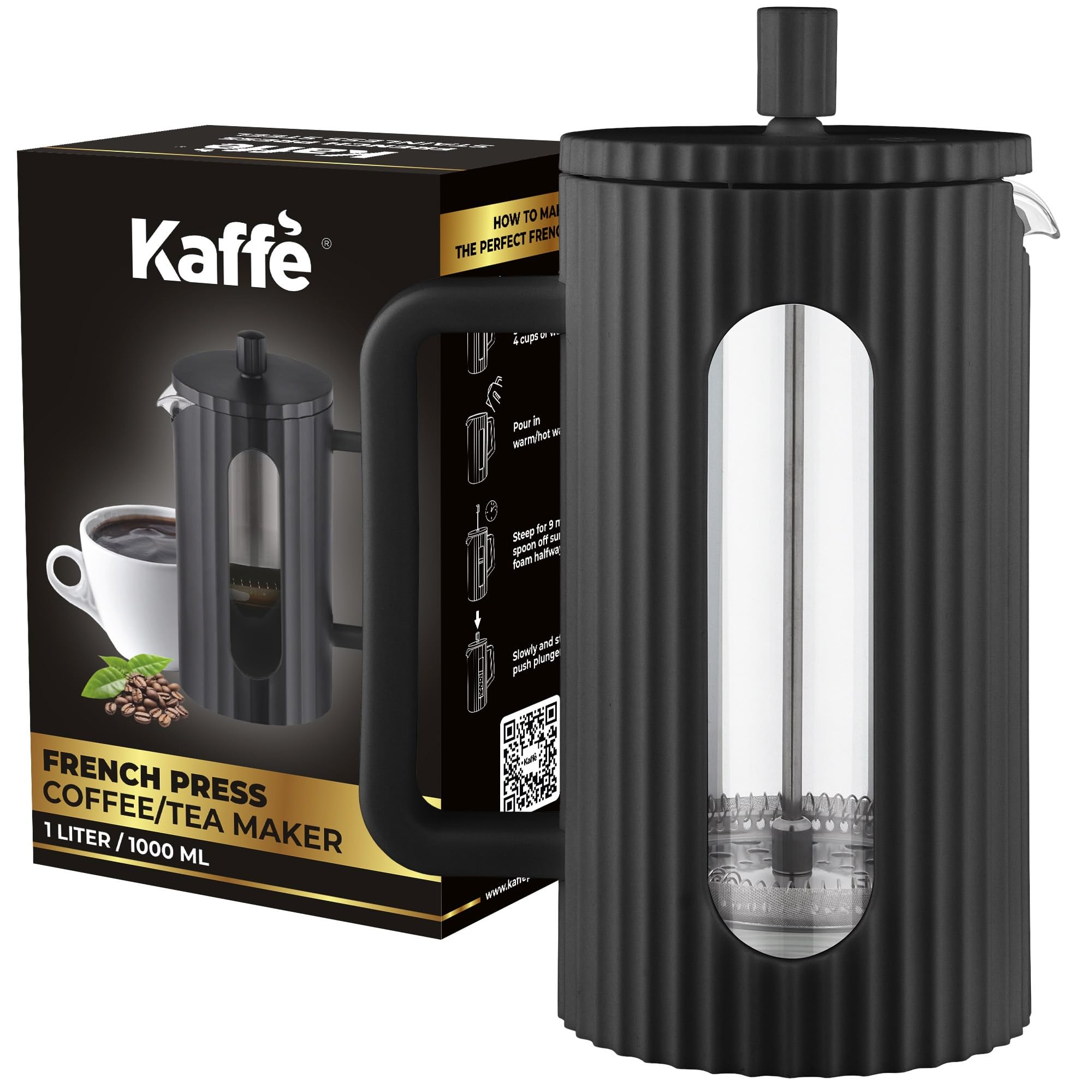 Kaffè French Press Coffee Maker (34oz / 1L) - Borosilicate Glass & BPA-Free Plastic - Matte Black - Lightweight Portable for Travel, Camping, Office & Home Brewing - Perfect for Coffee Lovers & Outdoor Enthusiasts