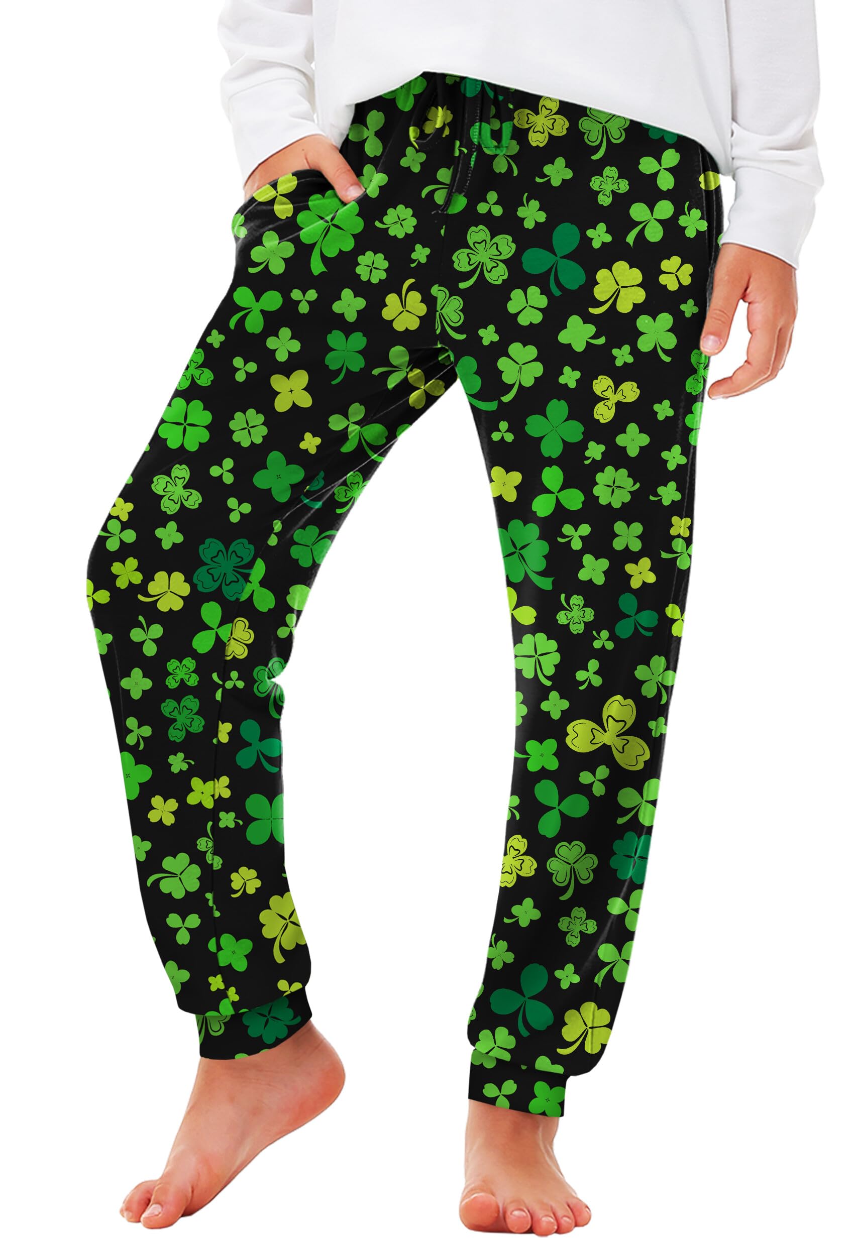 Deerose St. Patrick's Day Green Sweatpants for Kids - Elastic Waistband with Drawstring & Pockets (Ages 5-14) - Perfect for School, Parties & Holiday Celebrations