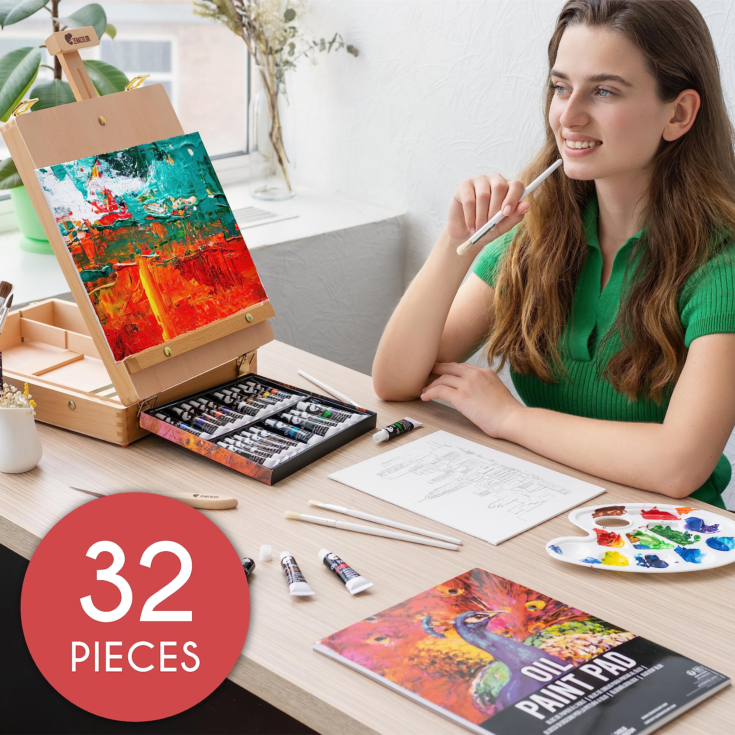 Professional Tabletop Easel & Complete Oil Painting Kit - 41 Premium Art Supplies (24 Oil Paints, 10 Brushes, 1 Palette Knife, 3 Canvases, 1 Sketch Pad, 1 Mixing Palette) - Perfect for Beginners, Artists & Home Decor Painting Projects