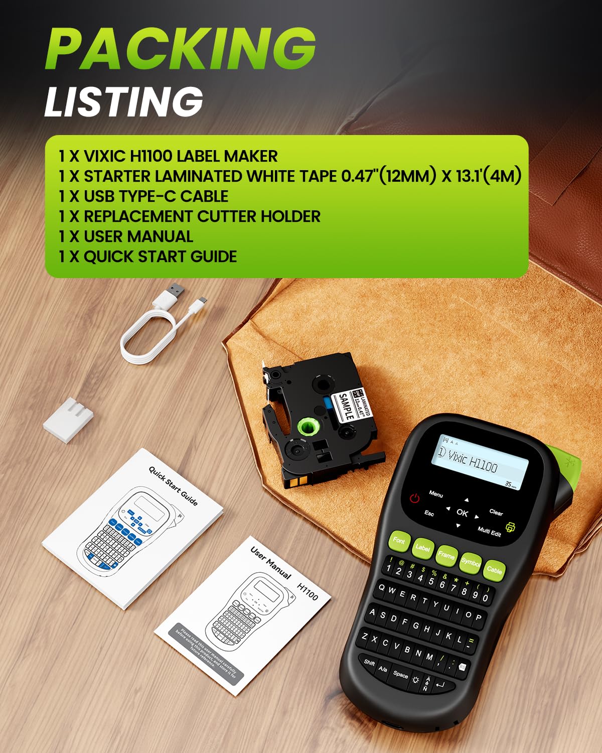 H1100 Portable Label Maker Machine with Backlit Screen & Keyboard - Waterproof Industrial Labeling Device for Cable, Wire, Network Organization - Perfect for Office, Warehouse, and Home Use