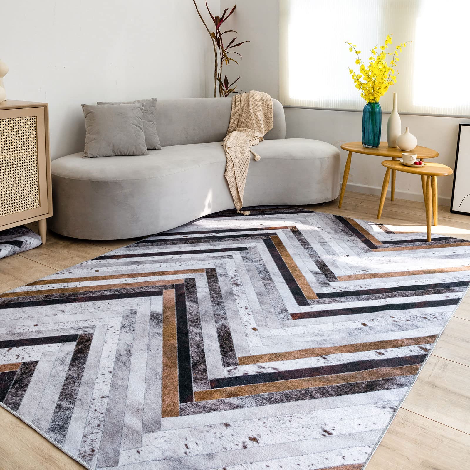 DECOMALL Washable Area Rugs - Modern Geometric Faux Cowhide Patchwork Rug 9x12ft, Non-Slip Large Carpet for Living Room, Bedroom, Office - Soft & Durable Home Decor for Family Gatherings & Relaxation