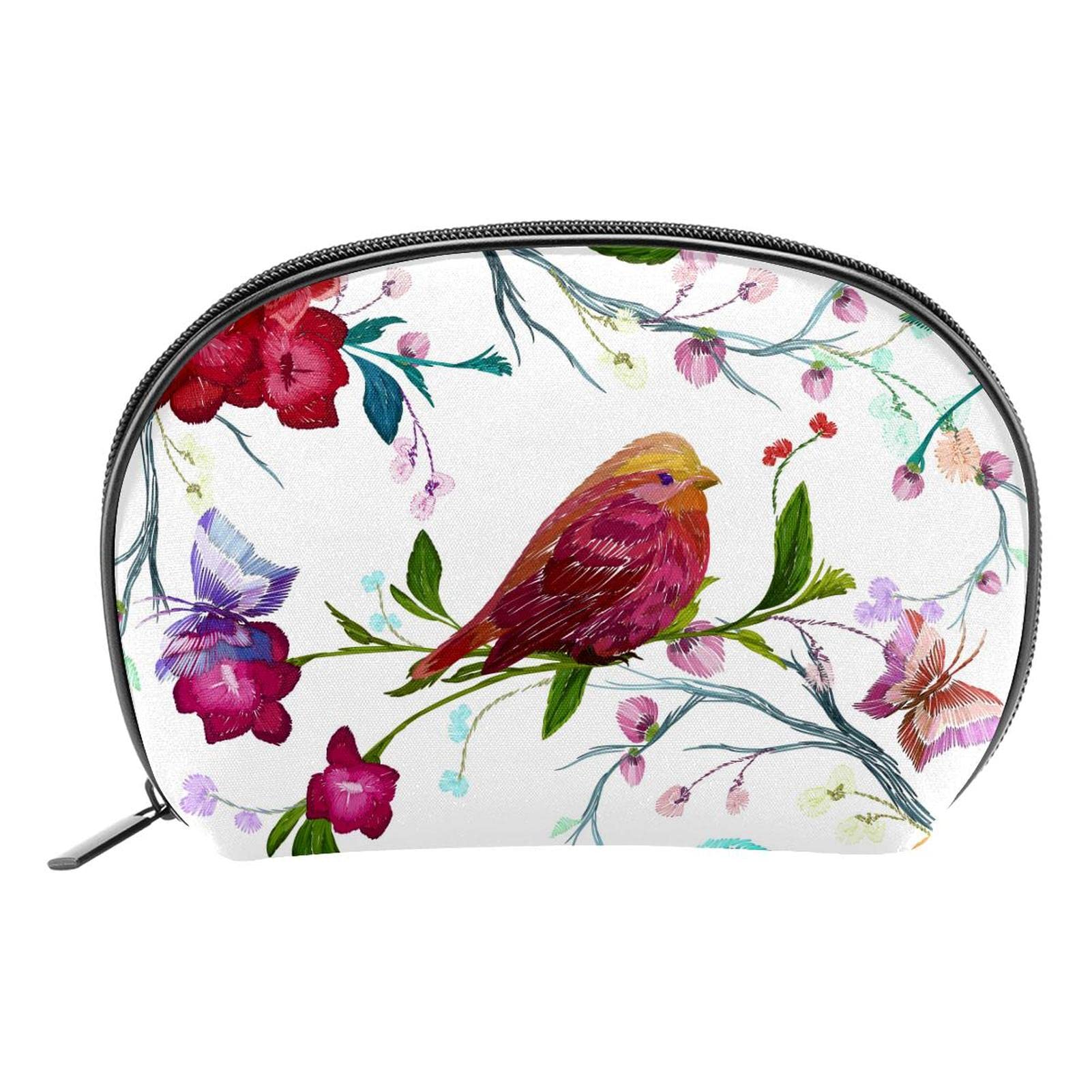 Reusable Semicircle Cosmetic Bag for Women - Waterproof Makeup Pouch with Bird & Floral Design, Travel Toiletry Organizer for Purse, Gym, Vacation & Daily Use