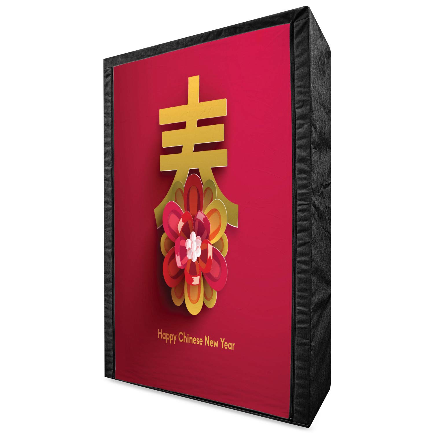 Ambesonne Chinese New Year Portable Fabric Wardrobe - Lunar Festival Themed Clothing Organizer with Floral Pattern & Chinese Characters, 42.5 Inch Pink Storage Closet with Shelves (Earth Yellow Magenta) - Perfect for Seasonal Decor, Bedroom Organization & Gift Giving