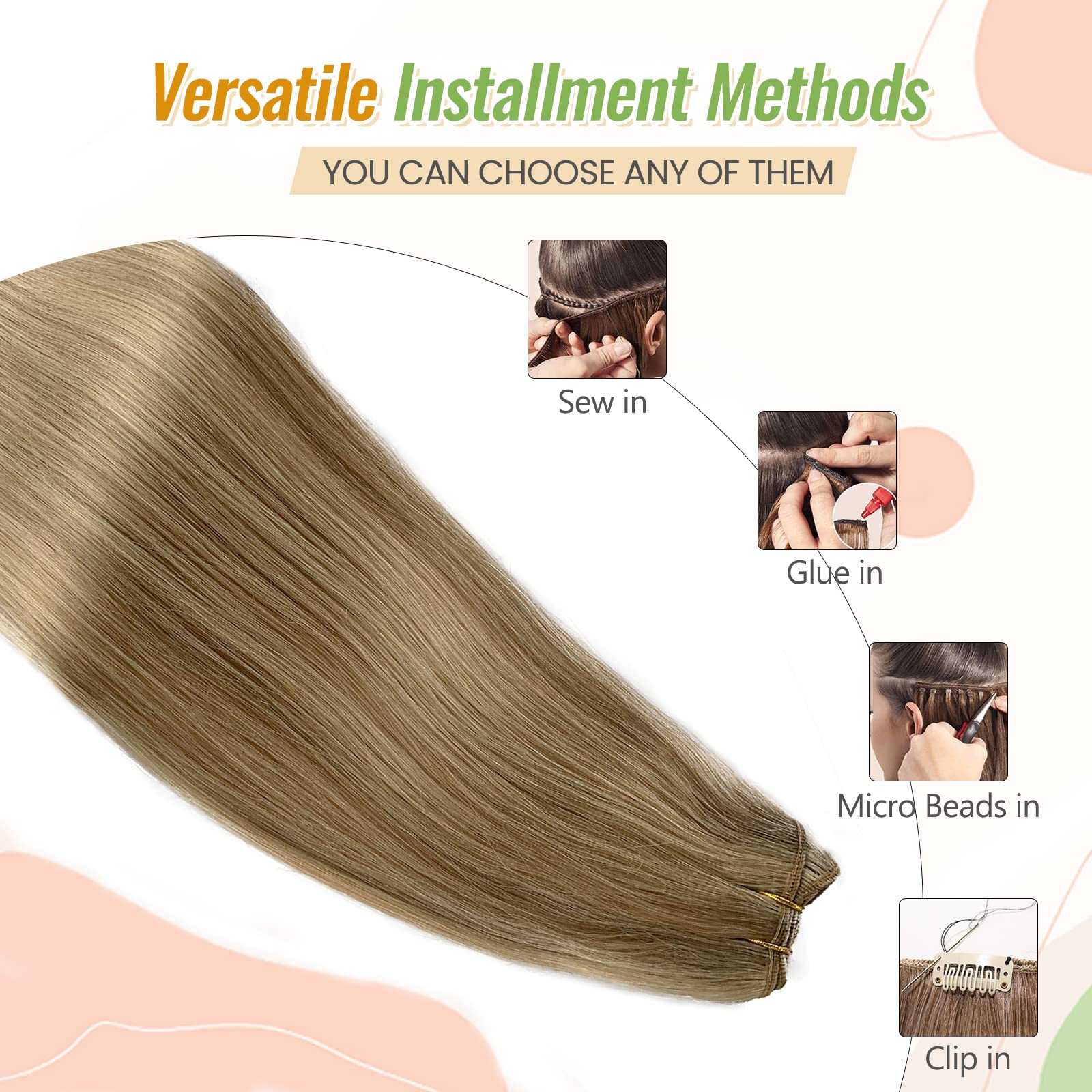 22 Inch Sew-in Weft Hair Extensions - 120g Thick Straight Remy Human Hair Bundles for Women | Hand-Tied Weft Extensions in Balayage Blonde | Perfect for Daily Styling, Special Occasions & Salon Use