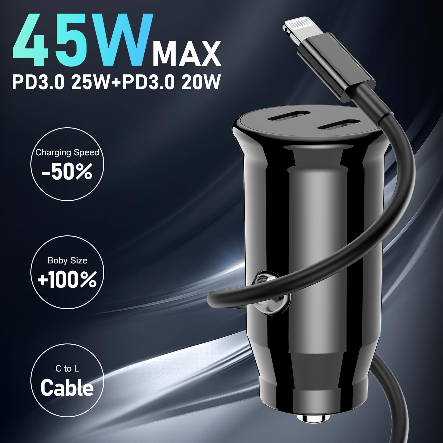 MFi Certified 45W Dual USB C Car Charger for iPhone 14/13/12 Pro - Fast Charging with C to Lightning Cable - Perfect for Road Trips & Commuting