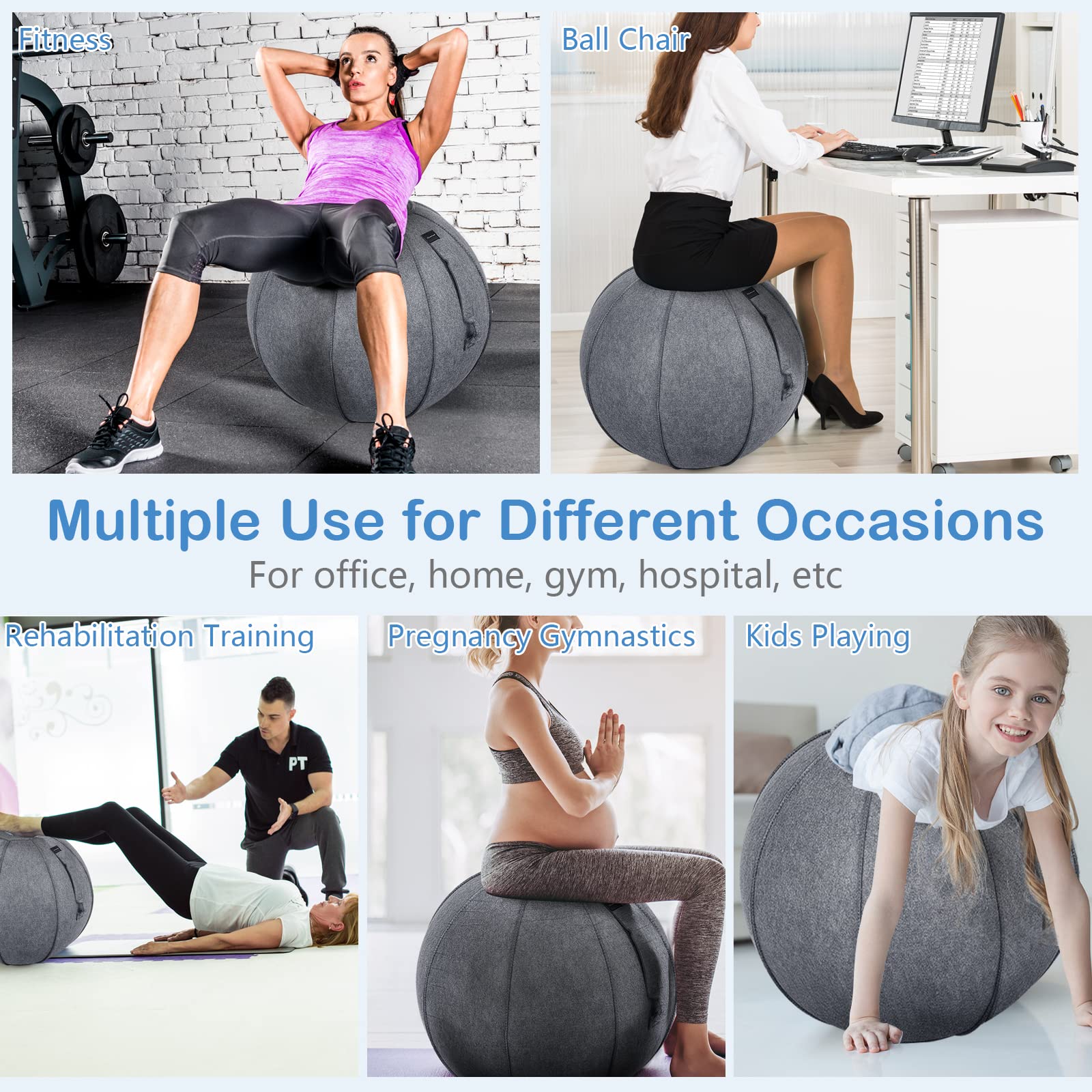 GYMAX 65cm Anti-Burst Yoga Ball with Felt Cover, Resistance Bands & Pump - Stability Exercise Ball for Pilates, Pregnancy, Physical Therapy & Office Sitting - Perfect for Home Gym, Postpartum Recovery & Workplace Ergonomics