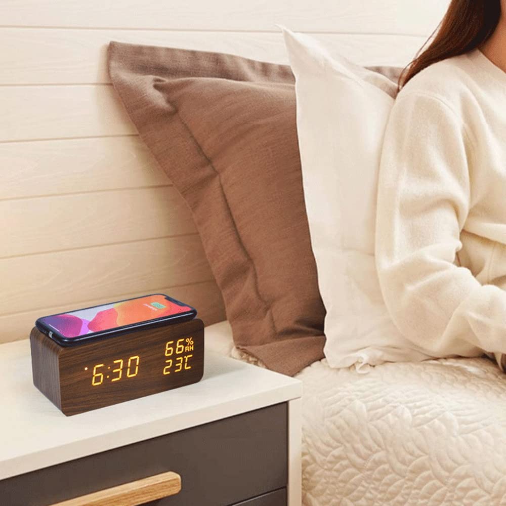 Digital Alarm Clock with Temperature & Humidity Display - Wireless Charger for Smartphones, LED Display, Brown - Perfect for Bedroom, Office, and Travel Use