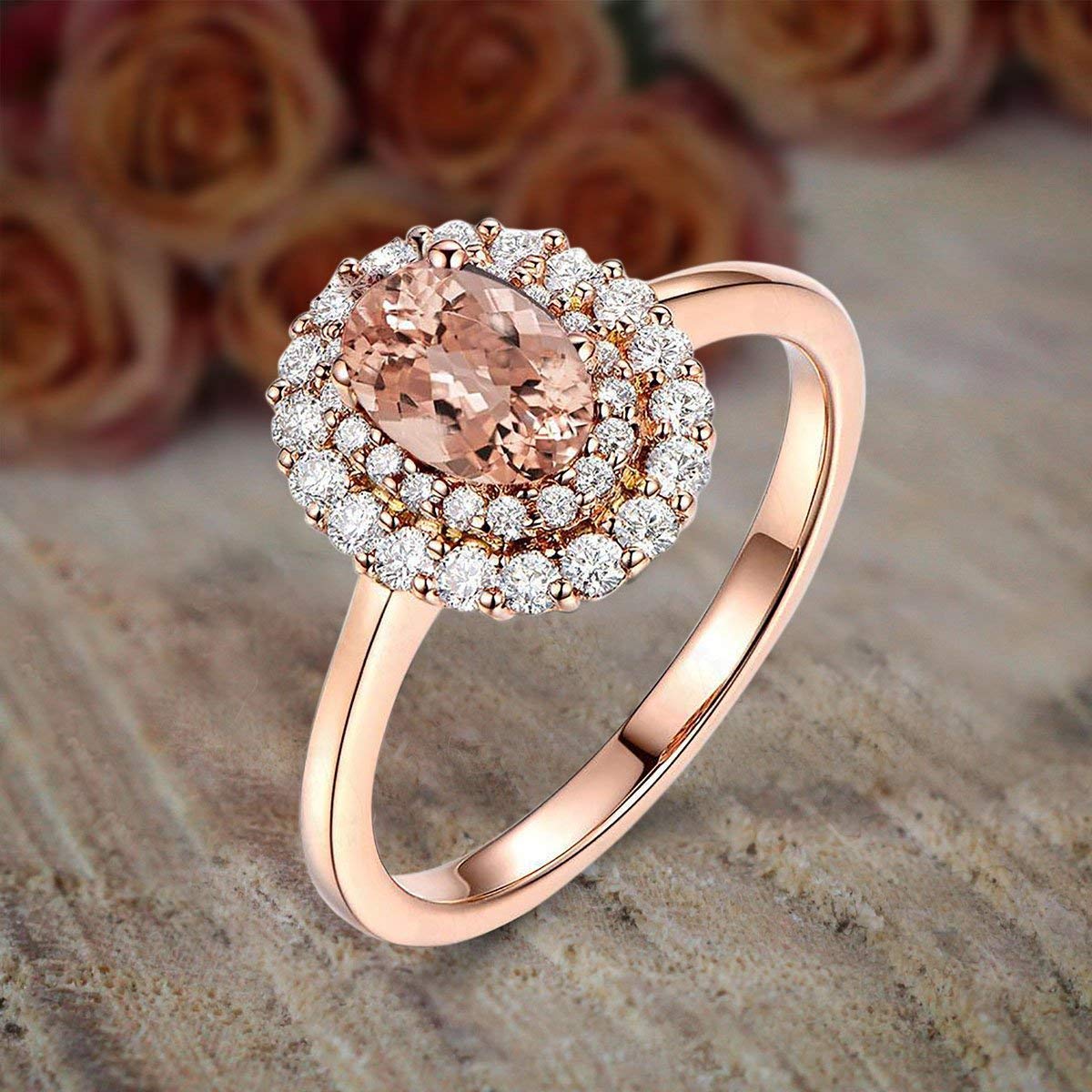 1.50 Carat Morganite & Diamond Double Halo Engagement Ring in 18K Gold Plating - Limited Time Sale - Perfect for Proposals, Weddings & Anniversary Gifts