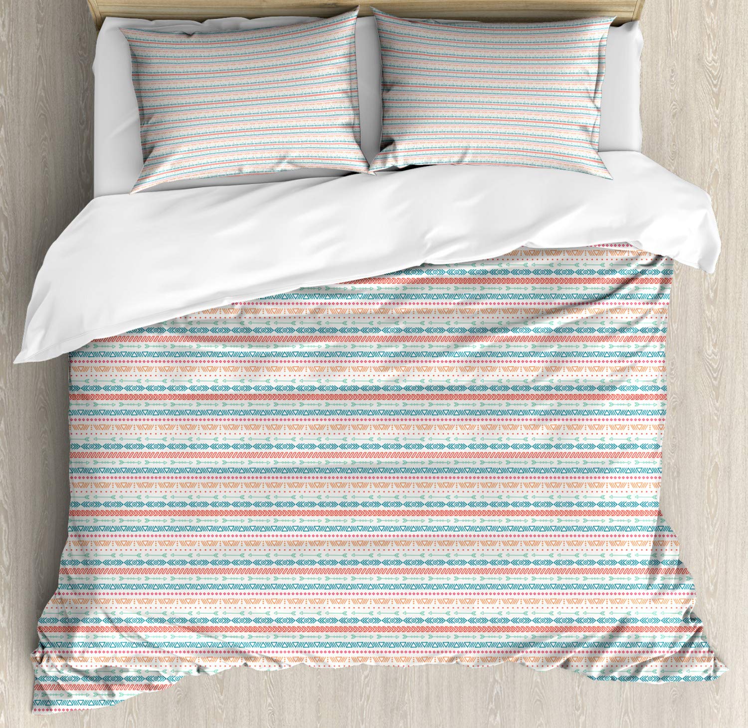 Ambesonne Colorful Duvet Cover Set King Size - Tribal Geometric Chevron Triangle Pattern in Burnt Sienna & Teal - 3 Piece Bedding with 2 Pillow Shams - Perfect for Bohemian & Modern Bedroom Decor