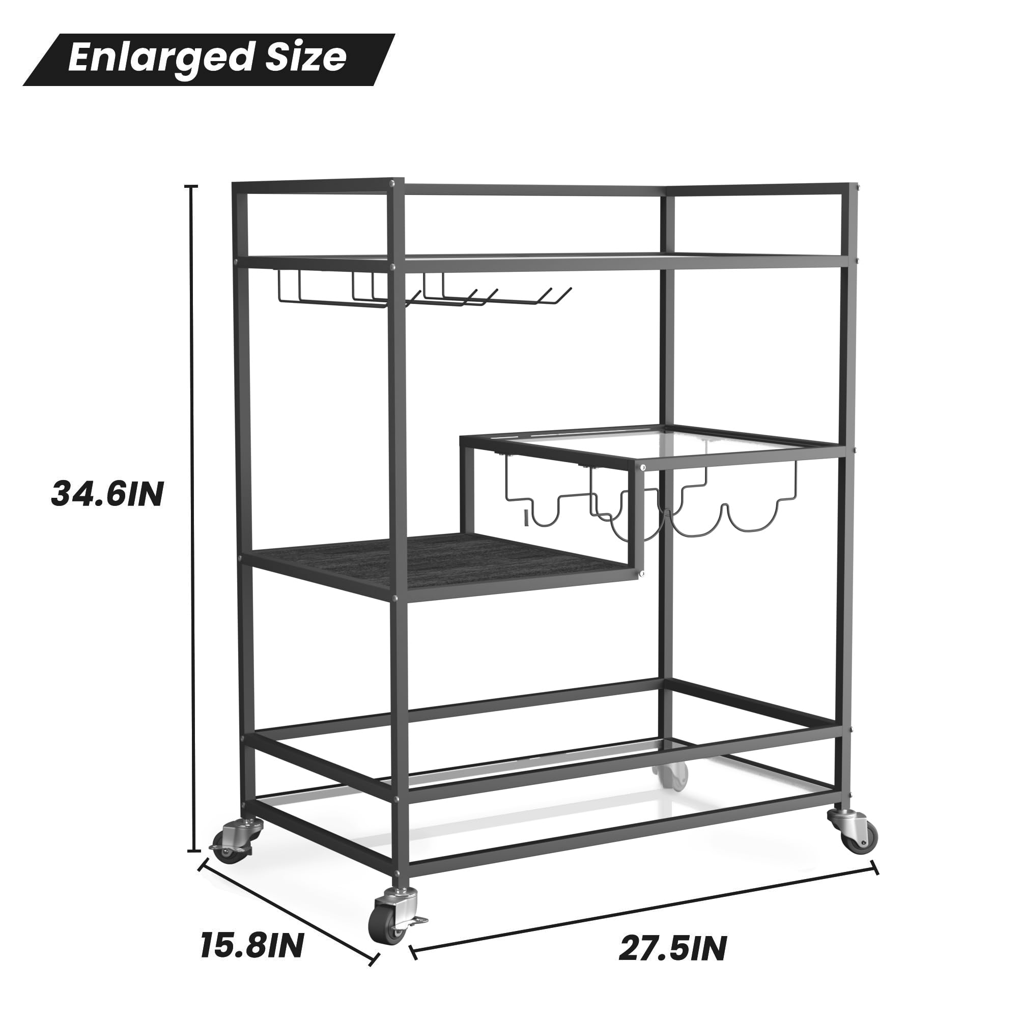 SULIVES 4-Tier Black Bar Cart with Wheels - Rolling Serving Cart with Wine Rack & Tempered Glass Holder - Lockable Mobile Bar Cabinet for Kitchen, Dining Room, Party, Home Bar, Office or Outdoor Entertaining