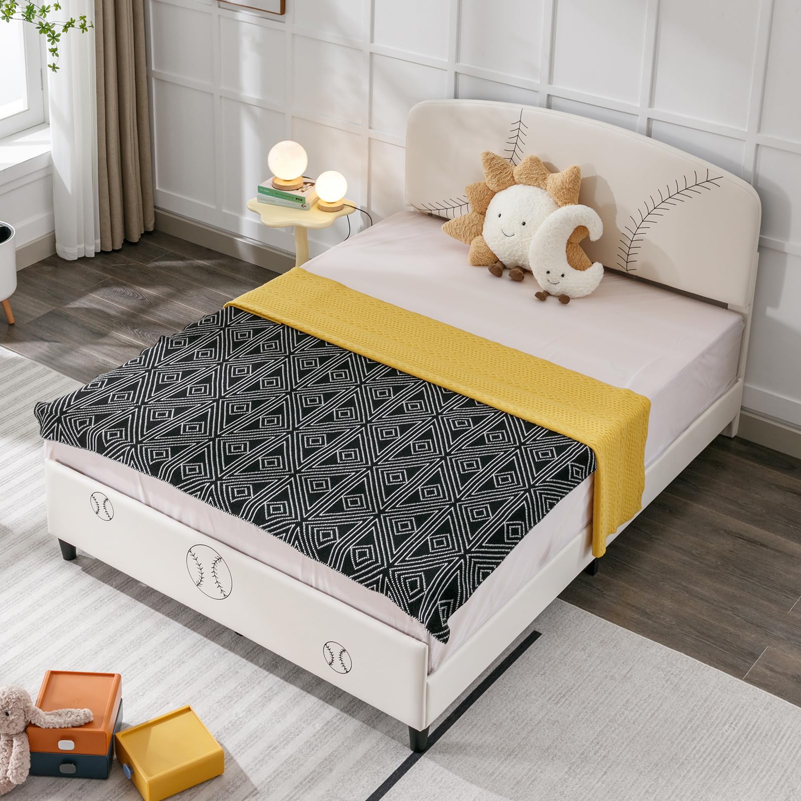 ZAFLY Twin Size Kids Bed Frame with Headboard - Faux Leather Upholstered Platform Bed, No Box Spring Needed, Low Profile Design (Baseball Theme) | Perfect for Boys Bedroom, Children's Apartment & Small Spaces