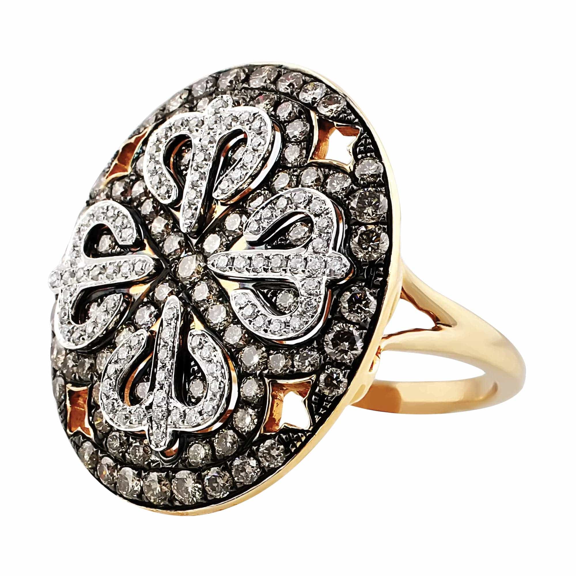 18K Rose Gold Brown & White Diamond Round Filigree Ring for Women - Elegant Vintage Engagement, Wedding, Anniversary Jewelry Gift