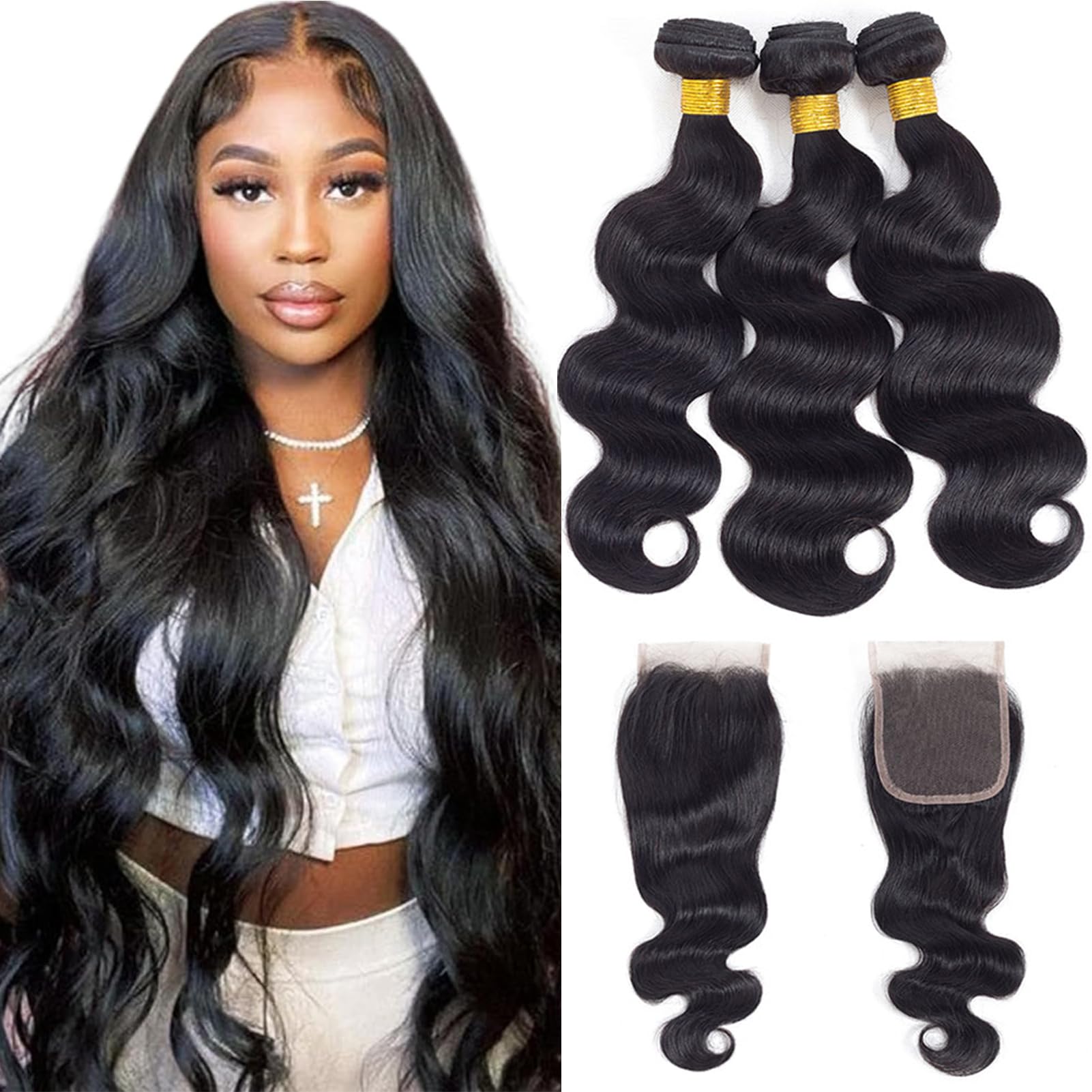 12A Brazilian Virgin Hair Body Wave 3 Bundles with Closure (16 18 20+14 Inches) - 100% Unprocessed Remy Human Hair Weave - Natural Black/Brown Color for Sew-in, Glueless Wigs & Hair Extensions - Perfect for Daily Wear, Parties & Special Occasions