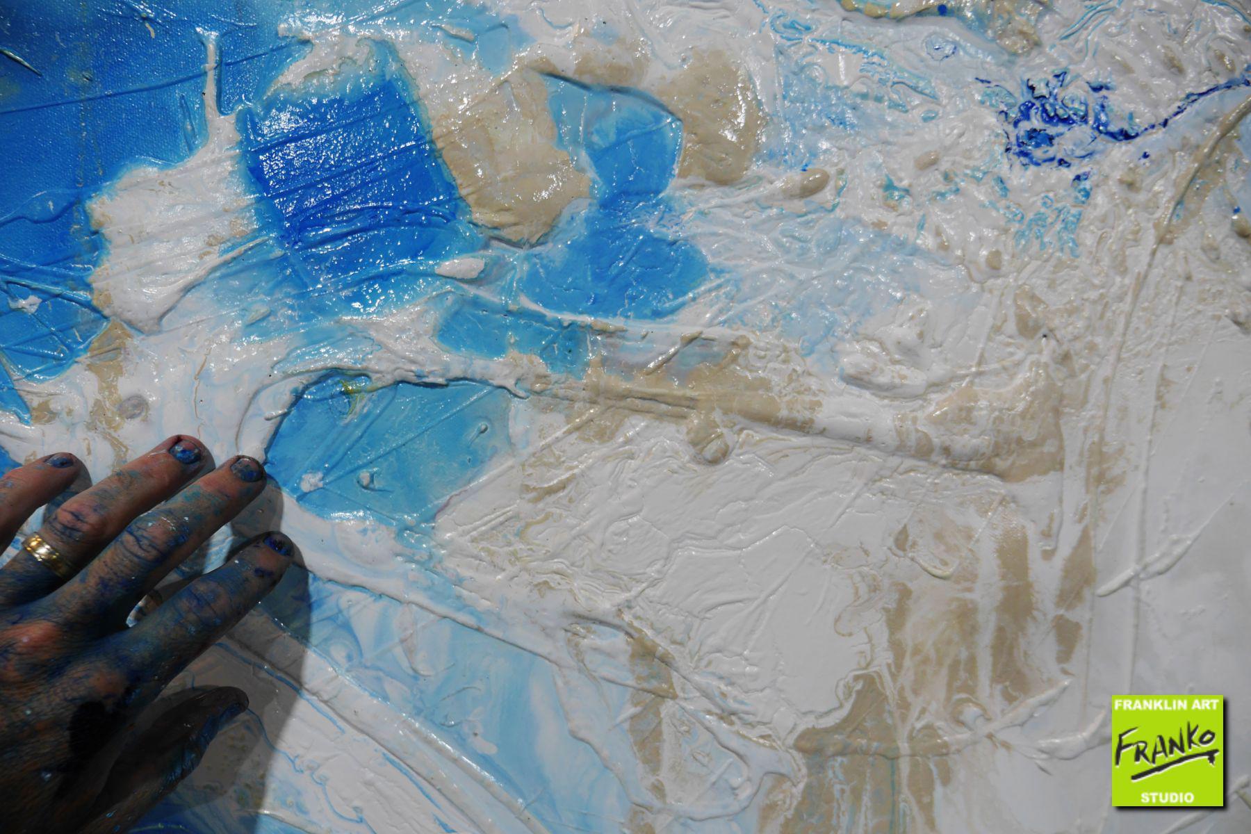 Blu Atoll 190cm x 100cm White Blue Textured Abstract Canvas Art - Modern Wall Decor for Living Room, Bedroom & Office