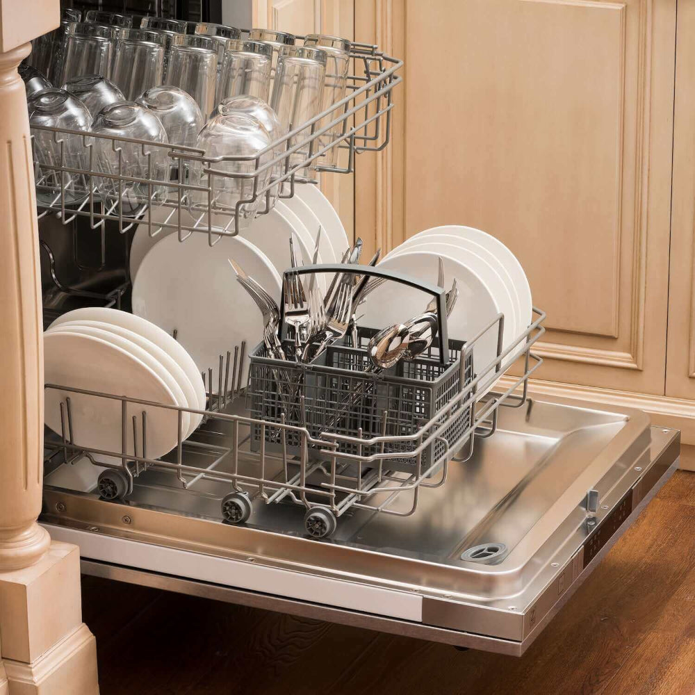 ZLINE 24 Inch Built-In Dishwasher with Satin Stainless Steel Panel & Tub, Traditional Handle, 52dB - Quiet Operation for Modern Kitchens | Perfect for Small Families & Open-Concept Homes