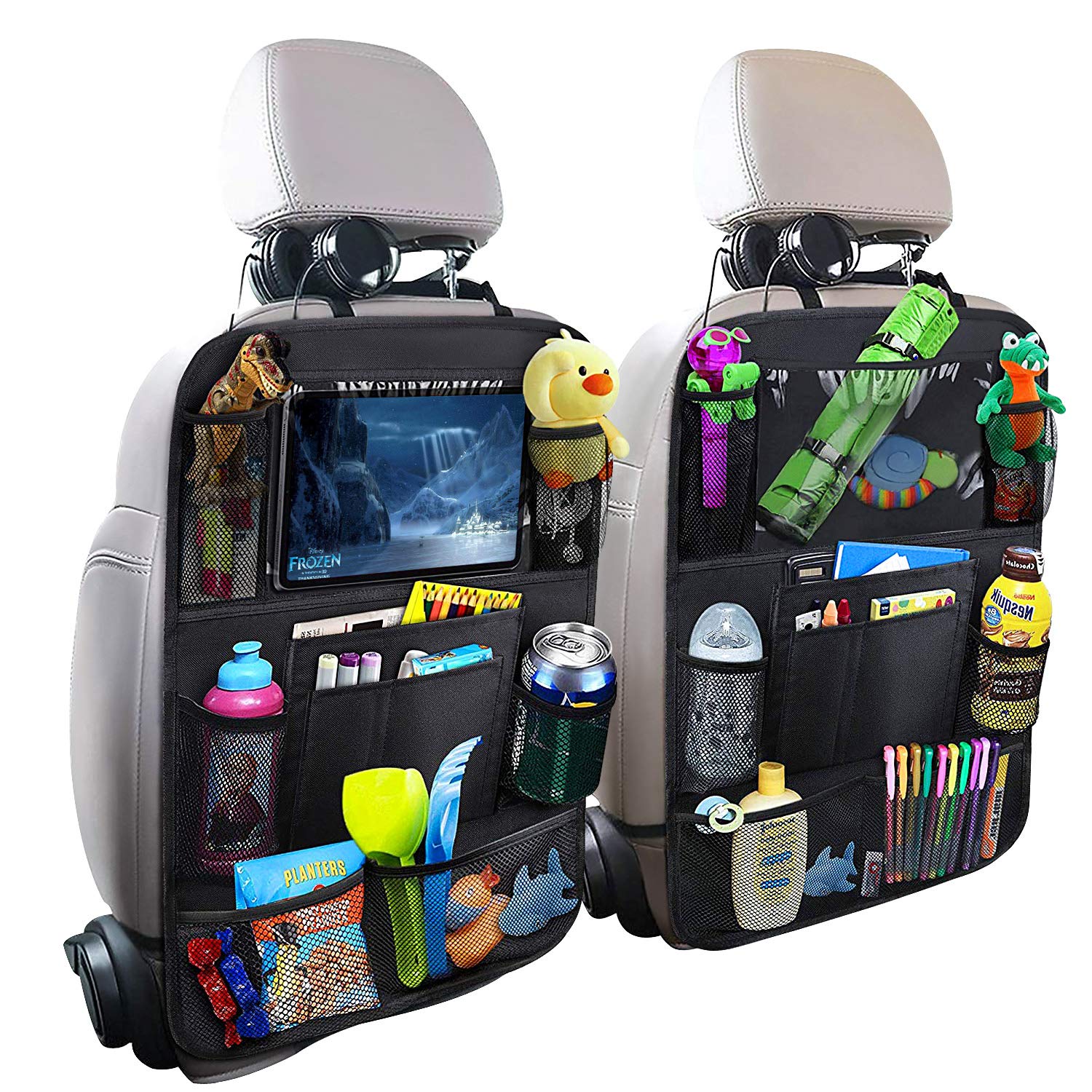 2 Pack Car Backseat Organizer with Touch Screen Tablet Holder & 9 Storage Pockets - Kick Mats & Car Seat Protectors - Perfect Travel Accessories for Kids & Toddlers - Ideal for Road Trips, Family Vacations & Daily Commutes
