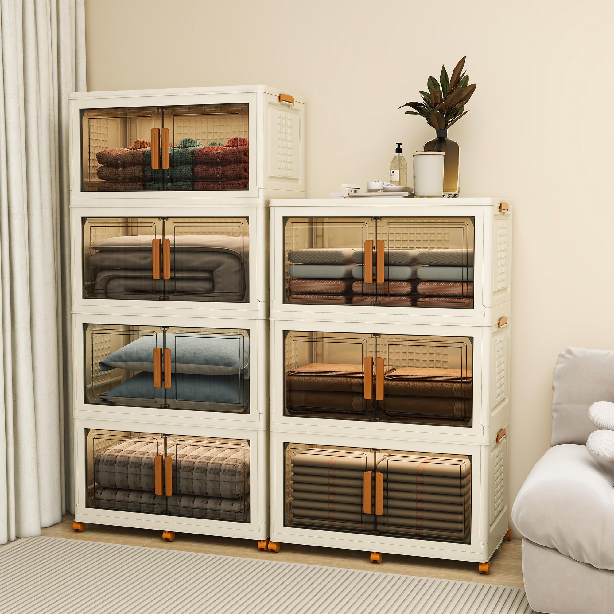 4-Tier Extra Large Stackable Storage Bins with Lids - 142 QT per Tier, Collapsible Plastic Storage Box with Wheels - Space-Saving Home Organization for Closet, Living Room, Office & Dorm - Perfect for Seasonal Clothes, Toys & Household Items Storage