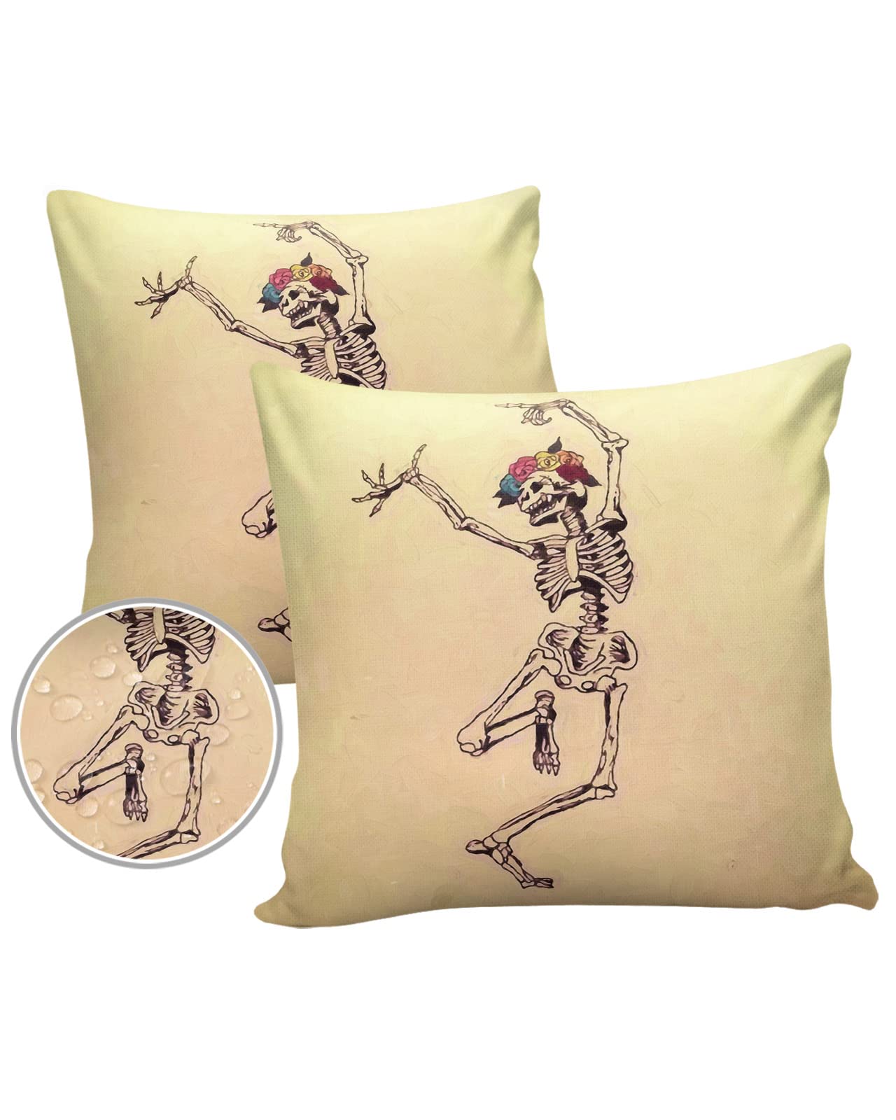 Halloween Skeleton Flower Throw Pillow Covers - Waterproof Outdoor Cushion Covers 26x26 Inch (Pack of 2) for Patio, Couch, Bench - Perfect for Halloween Decor & Outdoor Furniture Protection