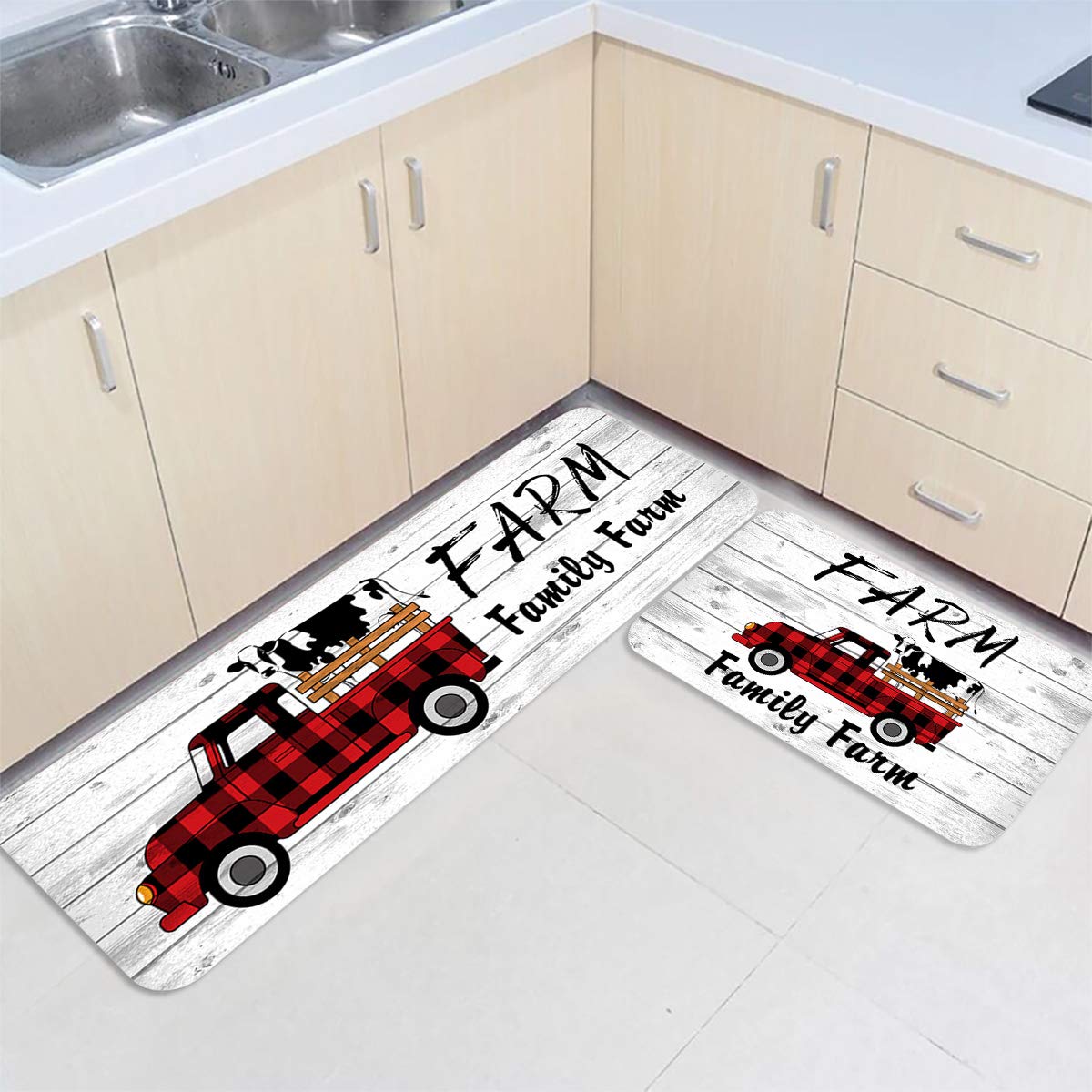 Farmhouse Kitchen Mats Set of 2 - Anti-Fatigue Cushioned Non-Slip Waterproof Floor Mats for Standing Comfort - Rustic Wood Plank Design with Cattle Truck Pattern - Perfect for Farmhouse Kitchens, Restaurants & Food Prep Areas