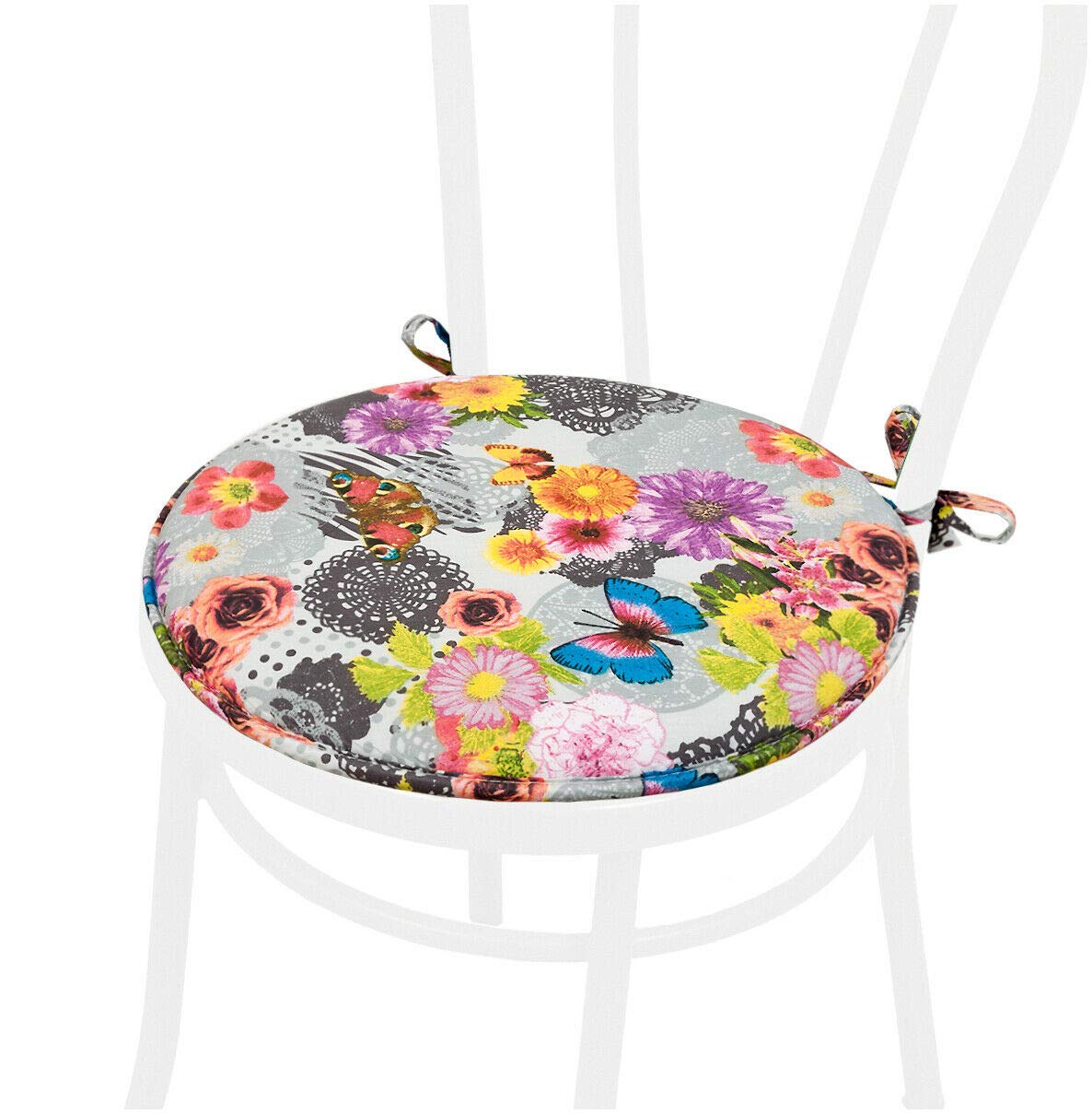 Emmevi Round Chair Cushion - Soft, Washable, Butterfly Design with Ties, Model DALIA9G, Gray - Perfect for Dining Chairs, Office Seats & Home Decor