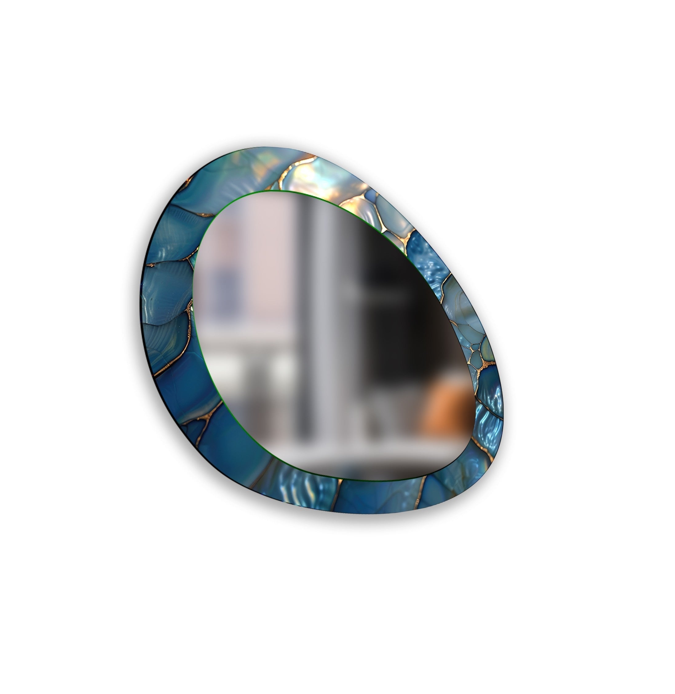 Blue Metallic Abstract Wall Mirror - Modern Decorative Mirror for Living Room, Bedroom & Entryway - Stylish Home Decor & Interior Design Accent