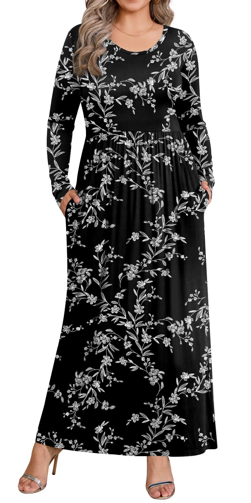 BISHUIGE Women's Plus Size Casual Long Sleeve Maxi Dress with Pockets - XL to 6XL - Perfect for Everyday Wear, Office, and Special Occasions