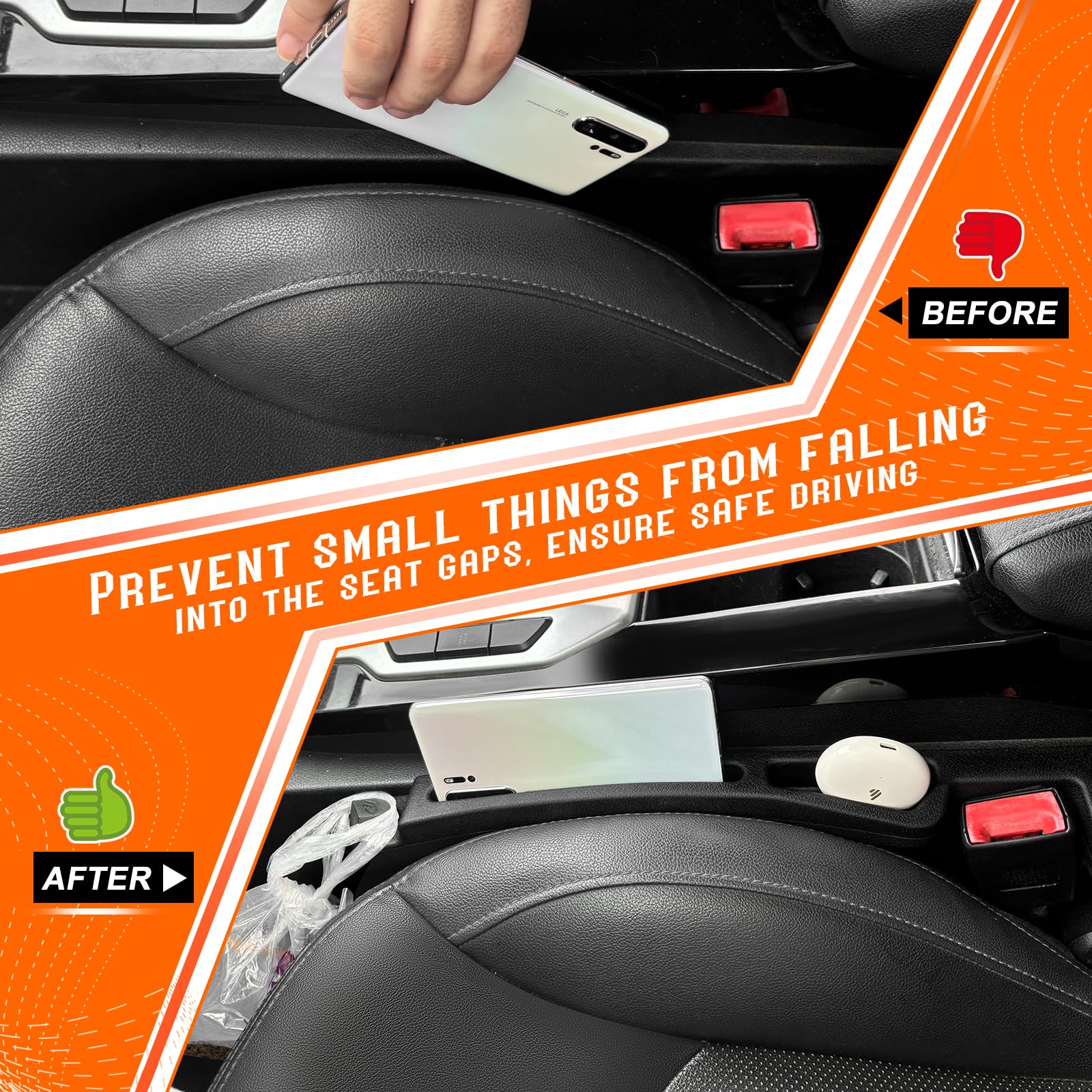Universal Car Seat Gap Filler with Organizer & Hook - 2 Pack Black - Prevent Items from Falling in SUV, Truck, Sedan - Perfect for Phones, Keys & Small Essentials While Driving