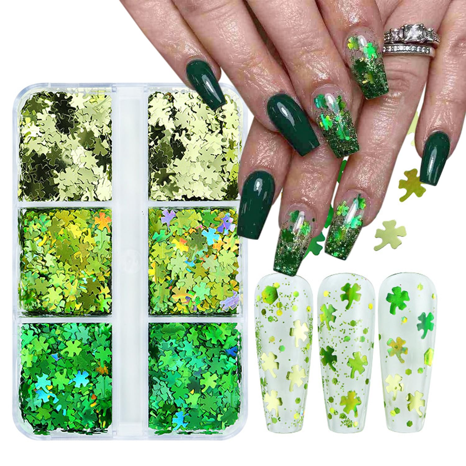 6 Grids St. Patrick's Day Nail Art Glitters - 3D Holographic Green Shamrock Nail Stickers, Irish Sequins & Sparkle Confetti Flakes for DIY Clover Nail Designs | Perfect for Women's St. Patrick's Day Party, Nail Salon Decorations & Festival Nail Art