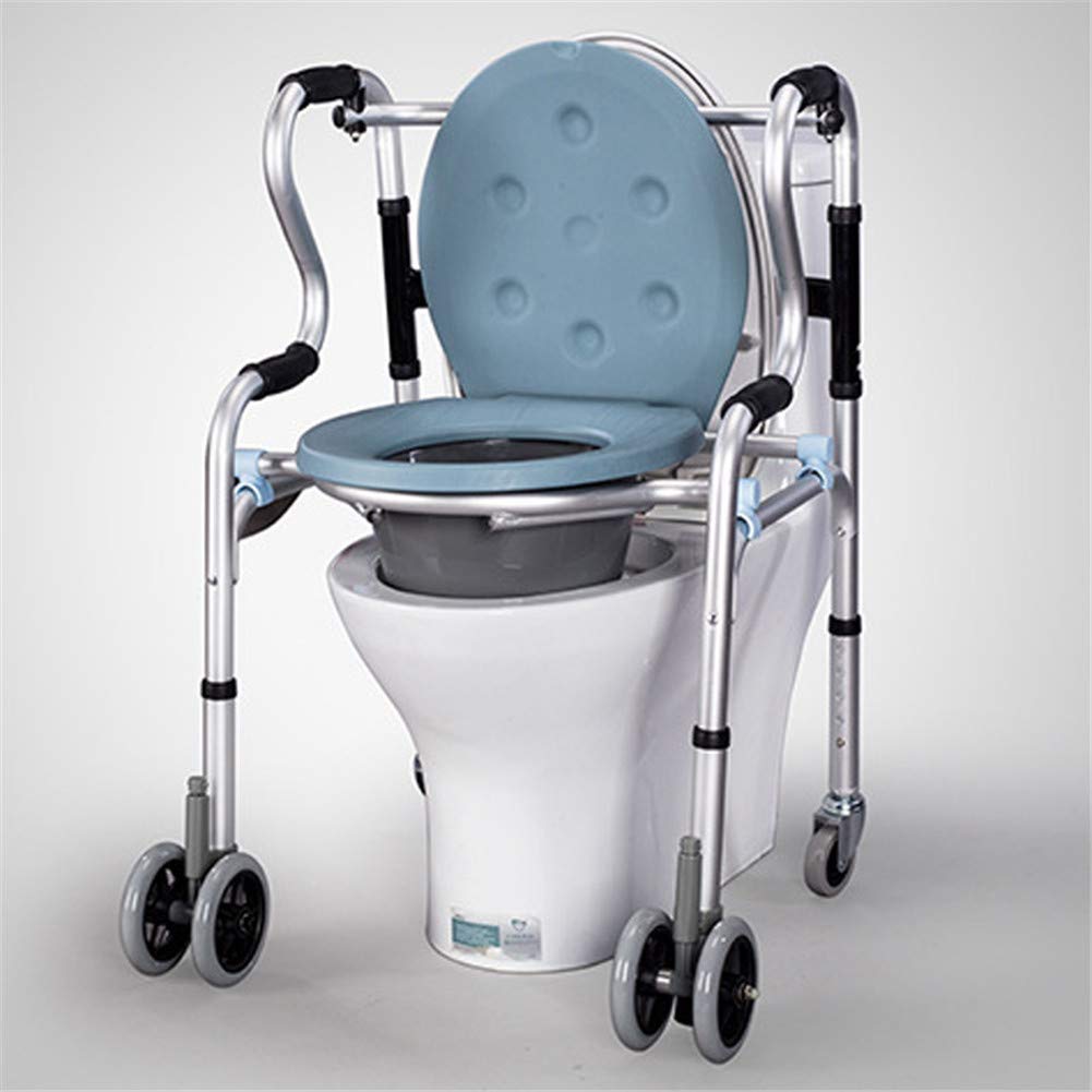 Adjustable Height Folding Toilet Frame for Seniors - Portable Bedside Commode with Wheels & Armrests, Space-Saving Rollator Shower Chair - Ideal for Elderly Home Care, Mobility Assistance & Bathroom Safety