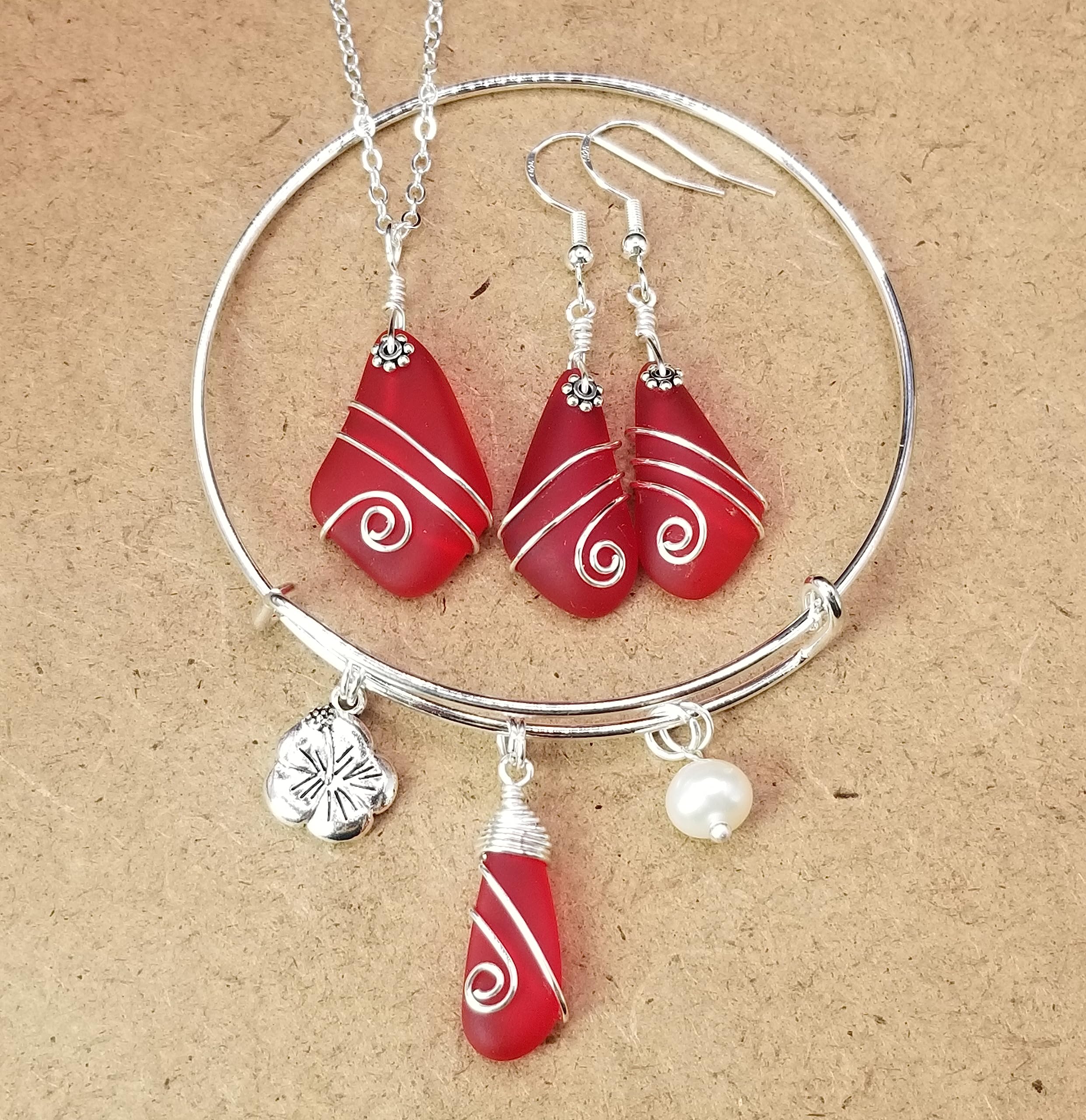 Wire Wrapped Red Sea Glass Jewelry Set - Necklace, Earrings & Bracelet with January Birthstone, Hibiscus Charm & Natural Pearl | Hawaiian Gift, Customizable Message - Perfect for Birthdays, Anniversaries & Beach Weddings
