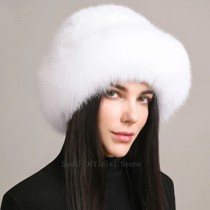 Luxury Handmade Knitted Mink Fur Hat with Real Fox Fur - Women's Winter Fashion Accessory for Cold Weather, Outdoor Activities & Holiday Gifts