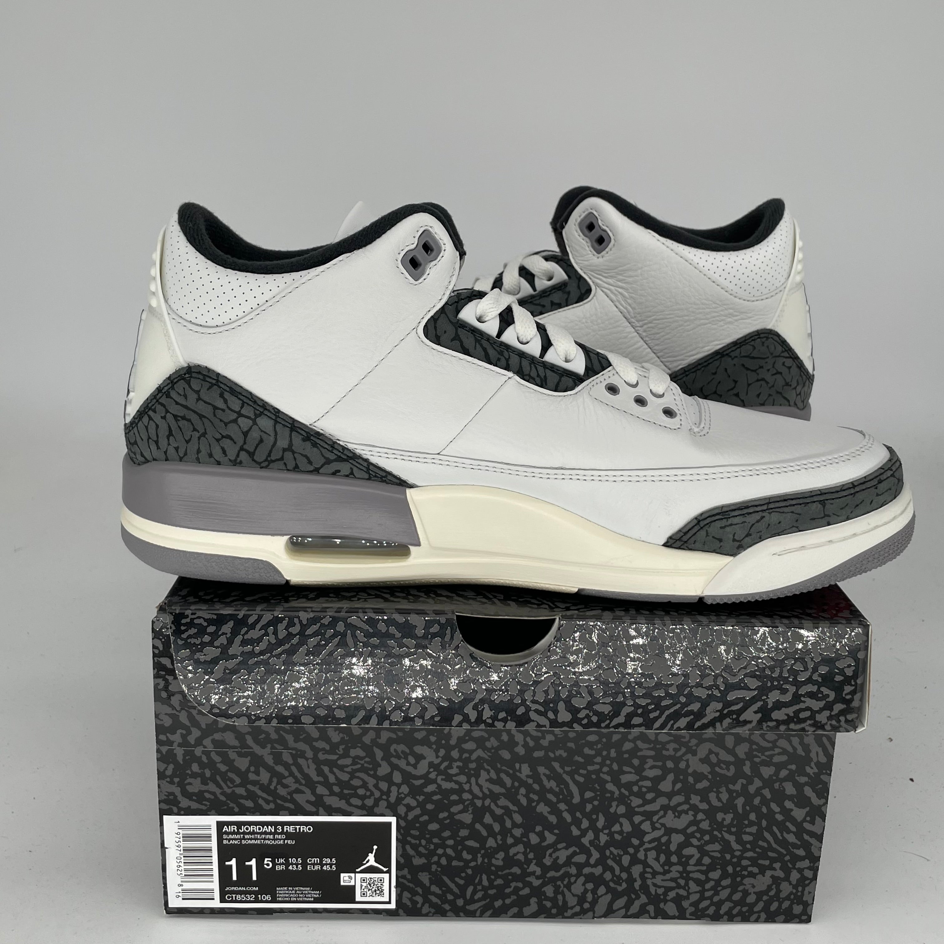Original Air Jordan 3 Retro 'Cement Grey' Men's Basketball Shoes - Size 11.5 (CT8532-106) - Perfect for Streetwear, Sneaker Collecting & Casual Wear