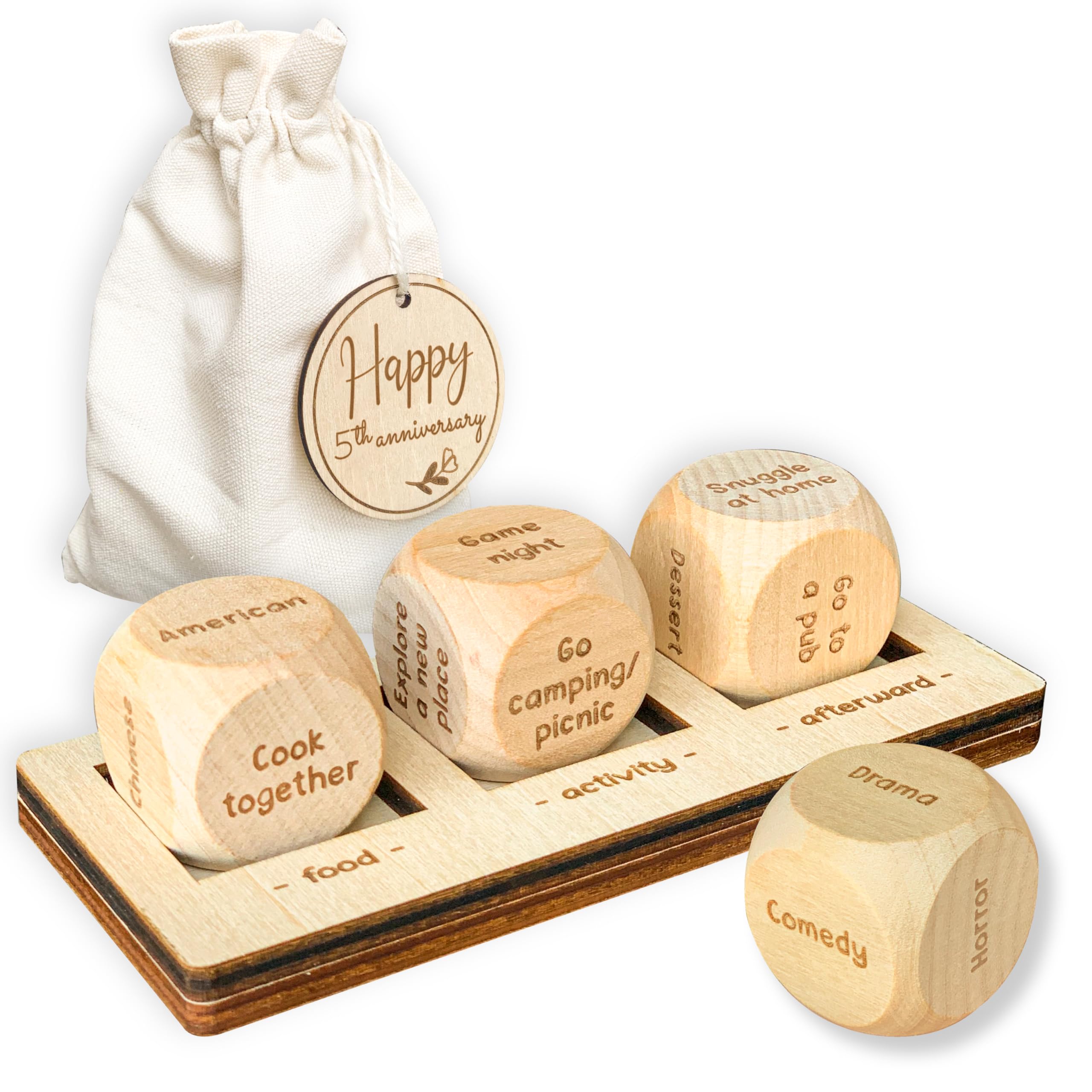 5th Anniversary Wooden Gift Set for Couples - Romantic Wedding Gifts for Him & Her, 5 Year Marriage Keepsake with Date Night Dice - Perfect for Anniversaries, Valentine's Day & Romantic Evenings at Home
