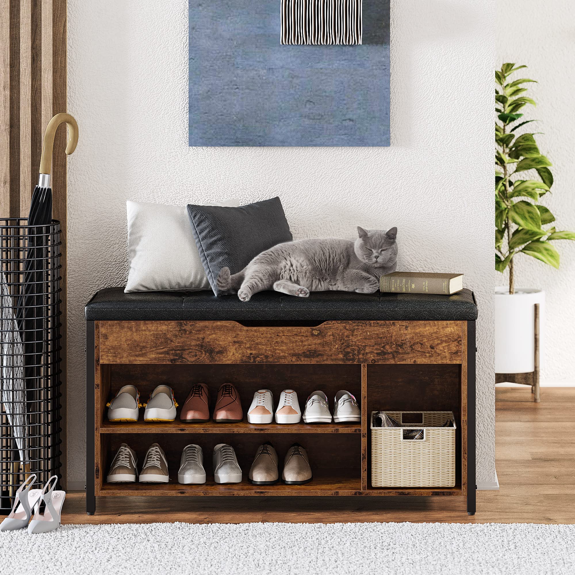 Multi-Functional Shoe Storage Bench with Lift Top & Adjustable Shelf - 35.5