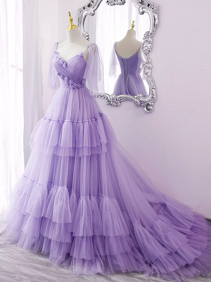 Elegant Blue V-Neck Tulle Long Prom Dress for Women - Formal Evening Gown for Homecoming, Ball, and Special Occasions