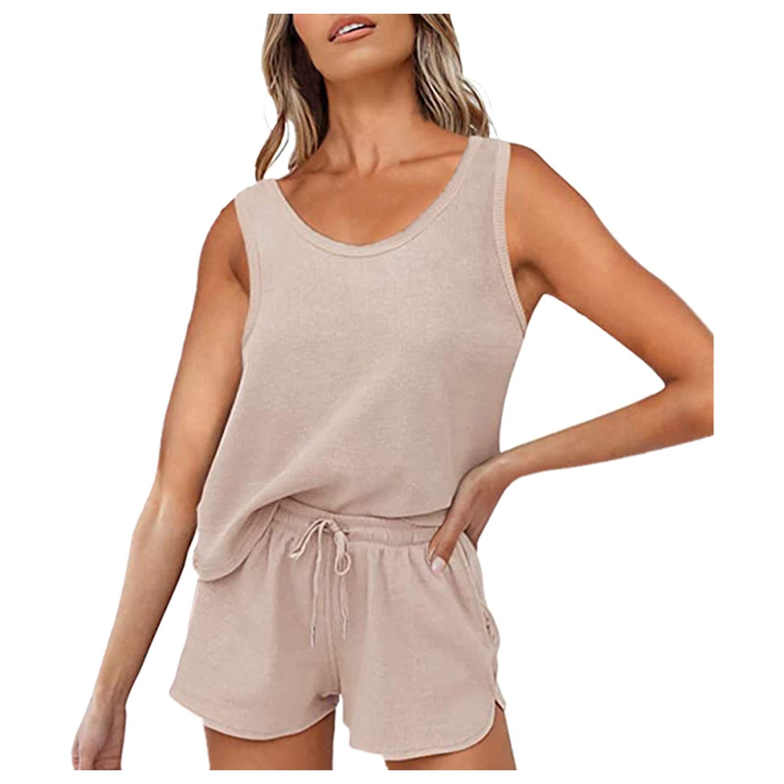 Women's Two-Piece Gradient Sleeveless Outfit - Solid Color Home Wear Set (Khaki, XXL) | Lounge, Sleep & Casual Comfort
