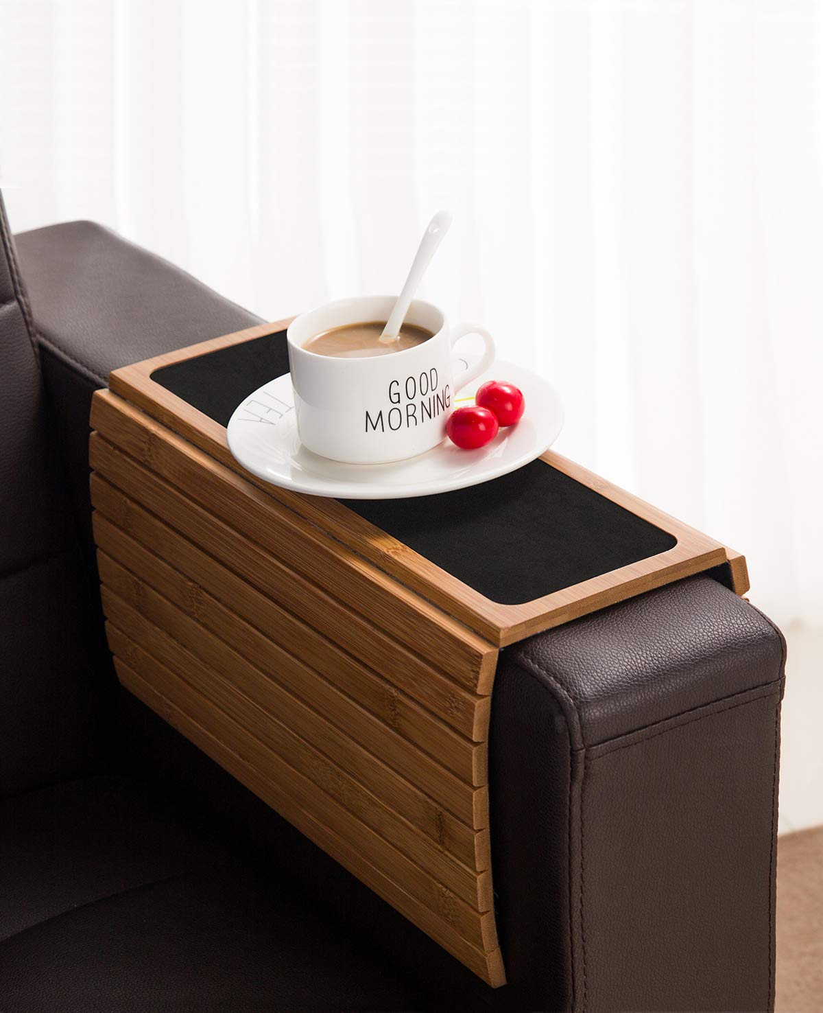 GEHE Bamboo Sofa Arm Tray Table - Foldable Couch Armrest Tray for Drinks, Snacks, Remote & Phone - Portable Laptop Desk for Living Room, Bedroom & Office Use