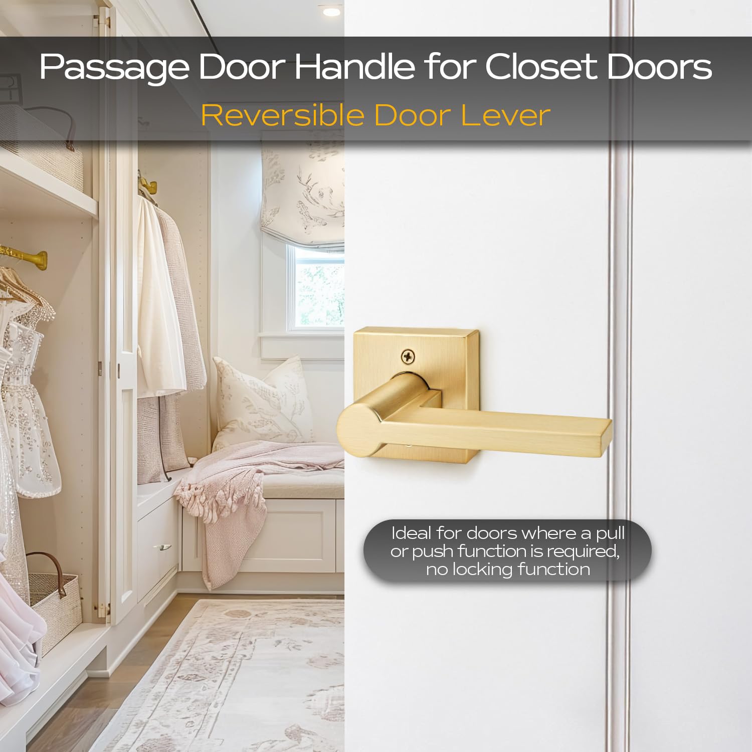 EHOMEWARE 6-Pack Satin Brass Door Handles - Gold Finish Interior Door Knobs, Heavy Duty Keyless Passage Levers for Hallway Closet & Bedroom Doors - Modern Hardware for Home & Office Upgrade