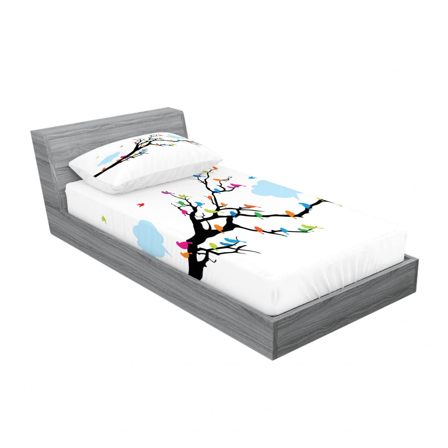 Ambesonne Winter 2 Pack Twin XL Fitted Sheet & Pillow Sham Set - Winged Birds on Tree Design, 4 Piece Bedding Set for Cozy Winter Nights | Perfect for Guest Rooms, Dorm Decor, and Seasonal Home Styling