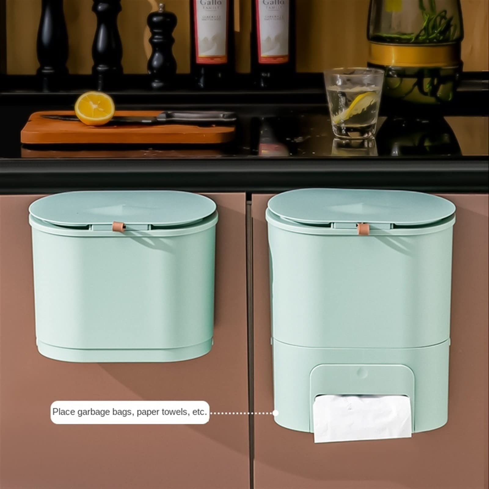 TOMYEUS Wall Mounted Trash Can with Lid - Medium Size Kitchen & Bathroom Garbage Bin for Home, Office - Space Saving Hanging Waste Basket for Under Sink, Toilet, Laundry Room Storage